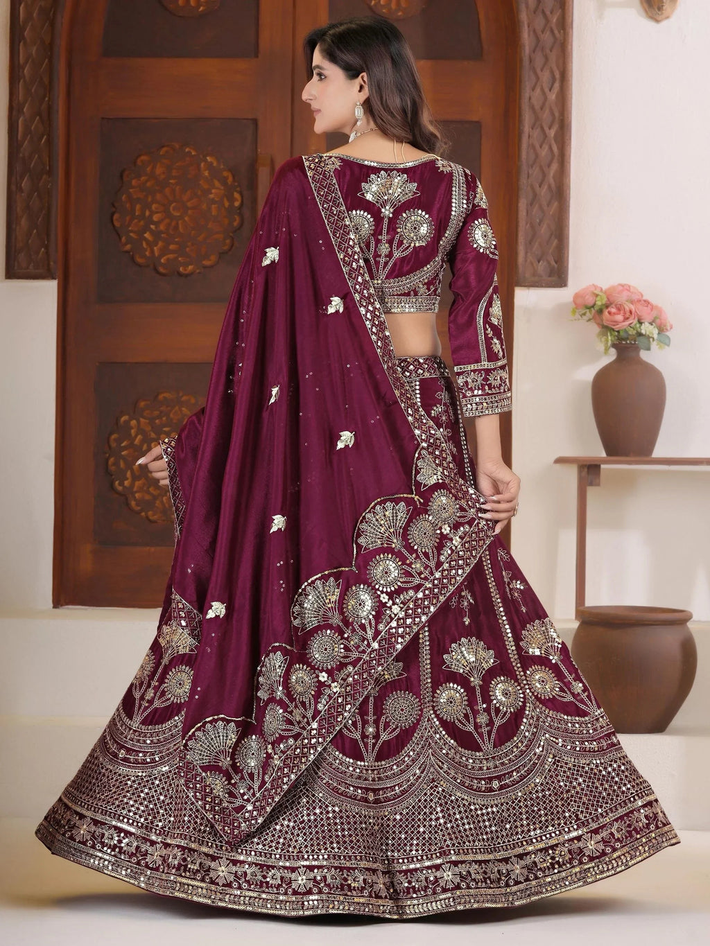 Wine Precious Sequins Chinon Engagement Wear Lehenga Choli With Dupatta