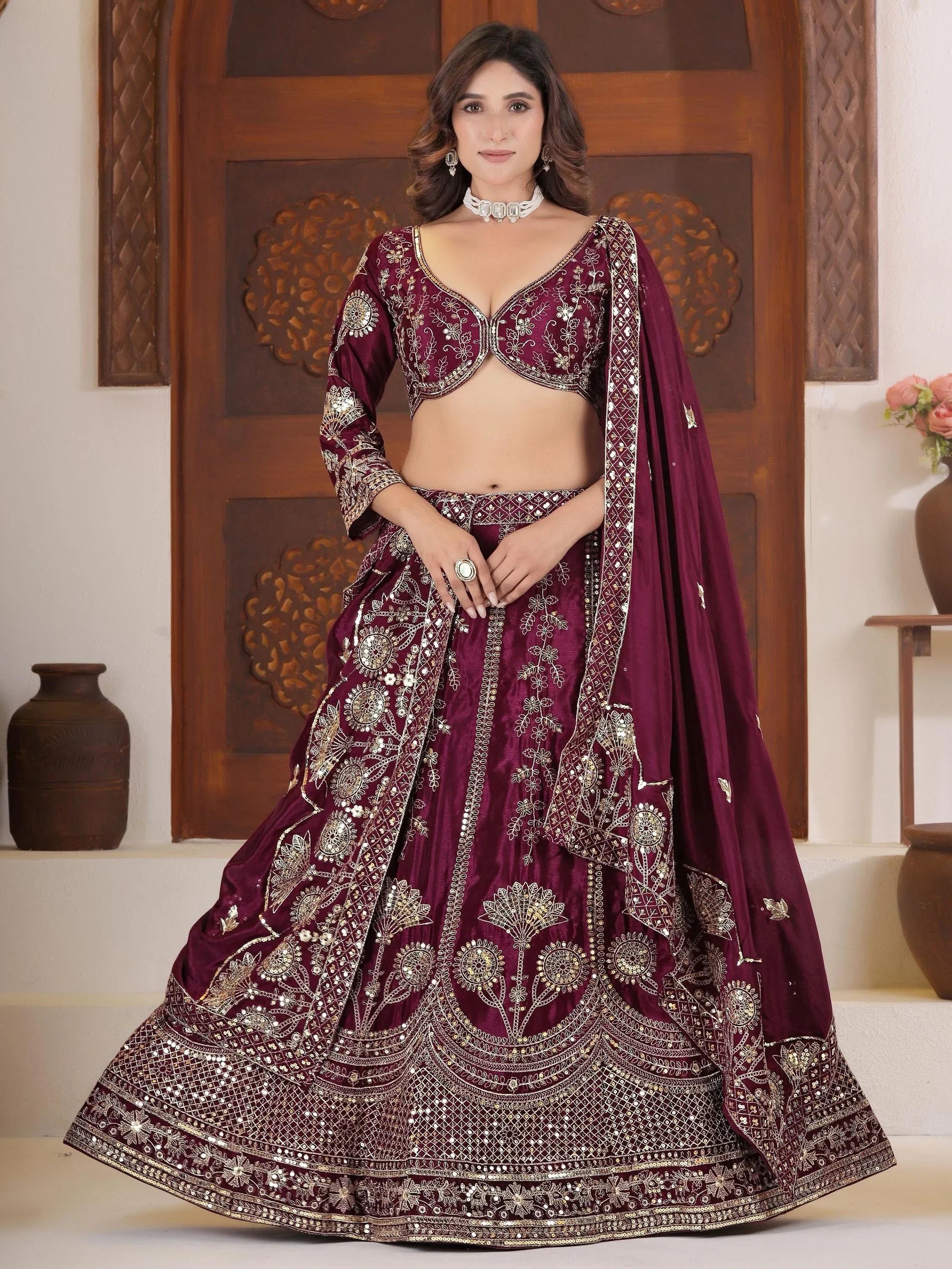 Wine Precious Sequins Chinon Engagement Wear Lehenga Choli With Dupatta