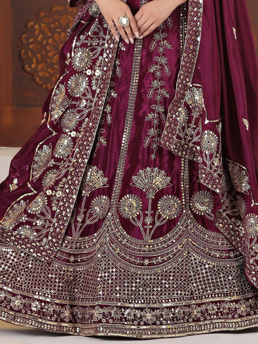 Wine Precious Sequins Chinon Engagement Wear Lehenga Choli With Dupatta