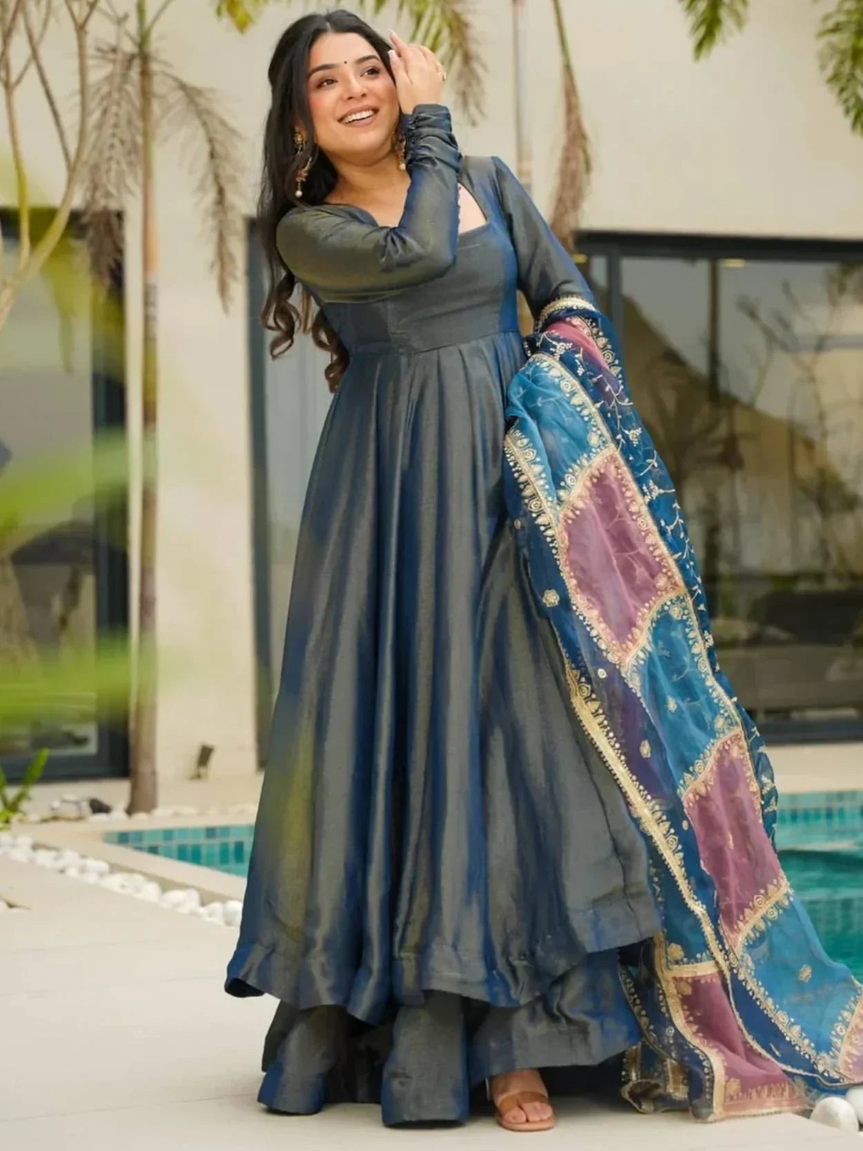 Teal Superb Silk Festive Wear Palazzo Suit With Sequins Dupatta