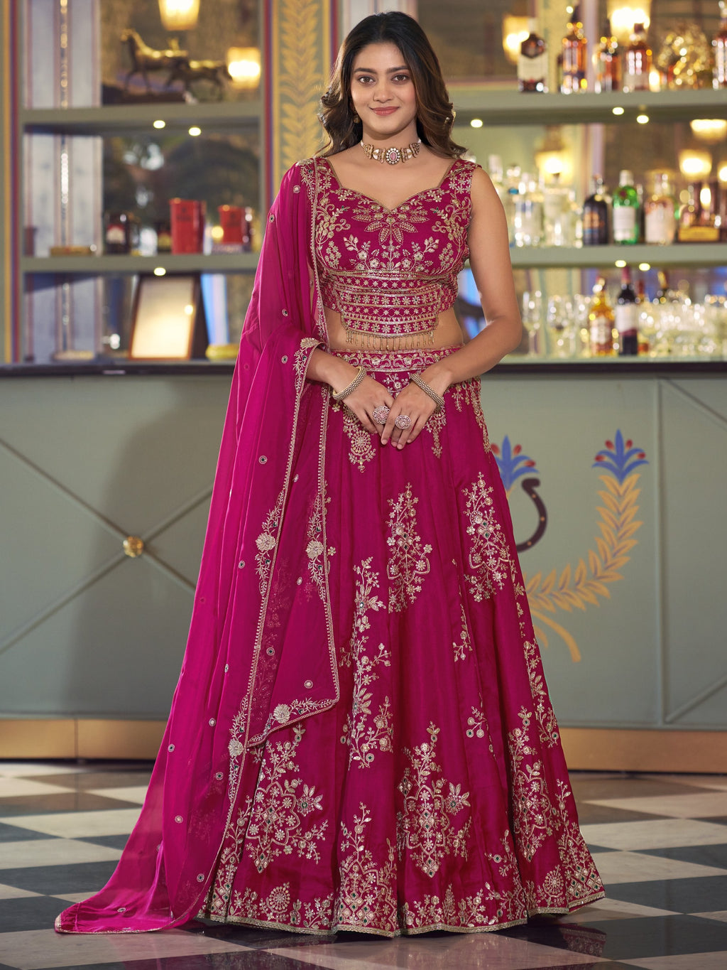 Stylish Hot Pink Thread Work Silk Engagement Wear Lehenga Choli