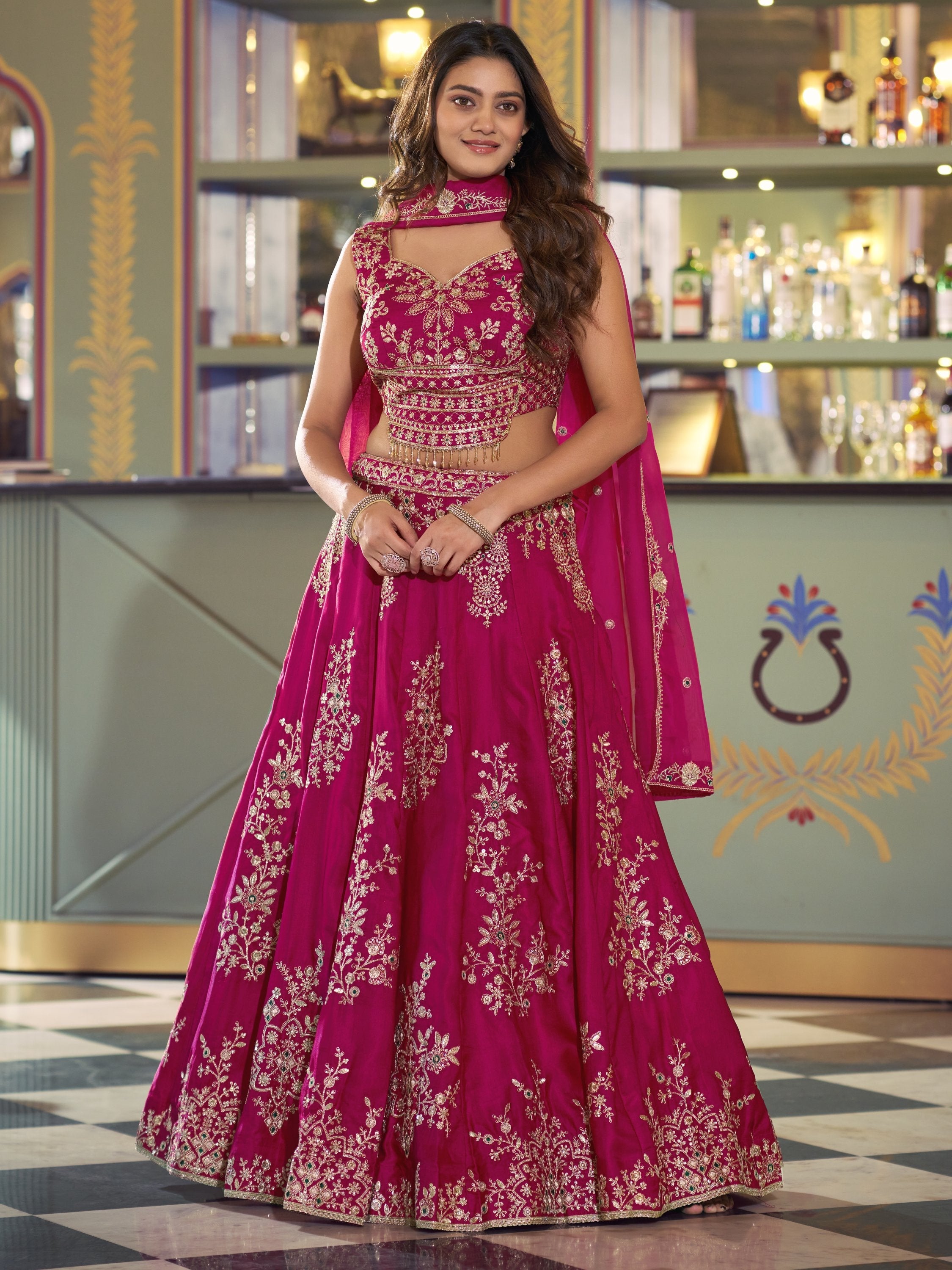 Stylish Hot Pink Thread Work Silk Engagement Wear Lehenga Choli