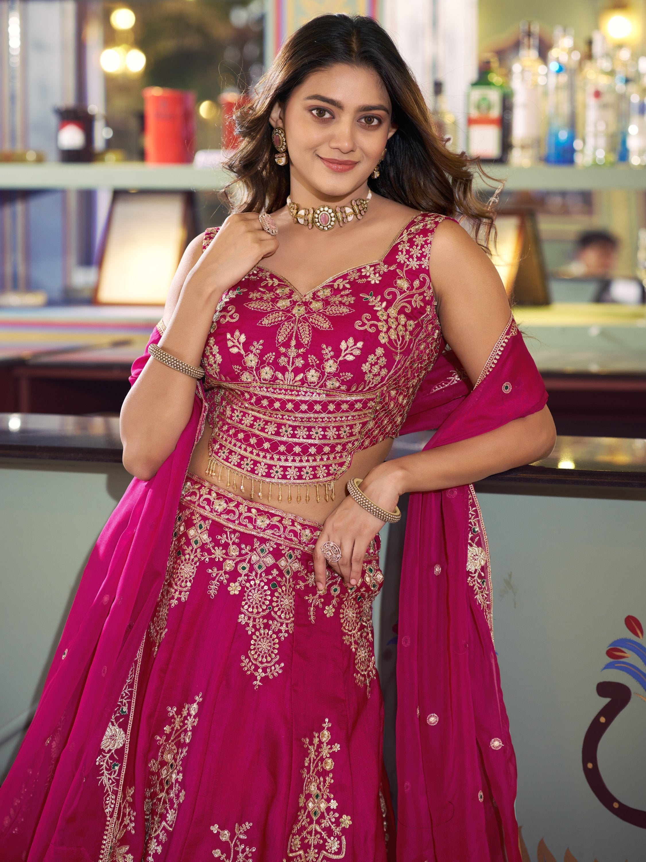 Stylish Hot Pink Thread Work Silk Engagement Wear Lehenga Choli