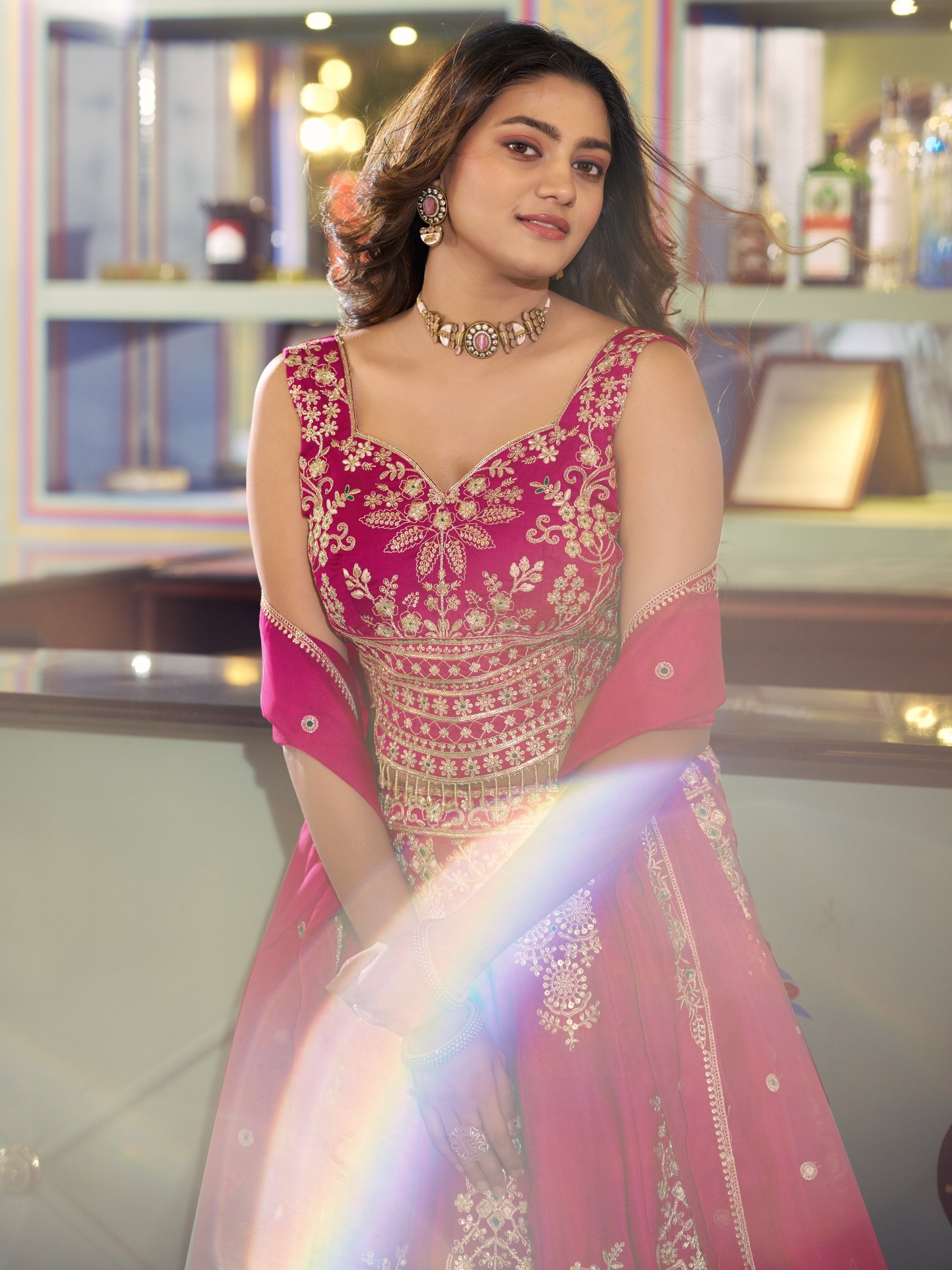 Stylish Hot Pink Thread Work Silk Engagement Wear Lehenga Choli