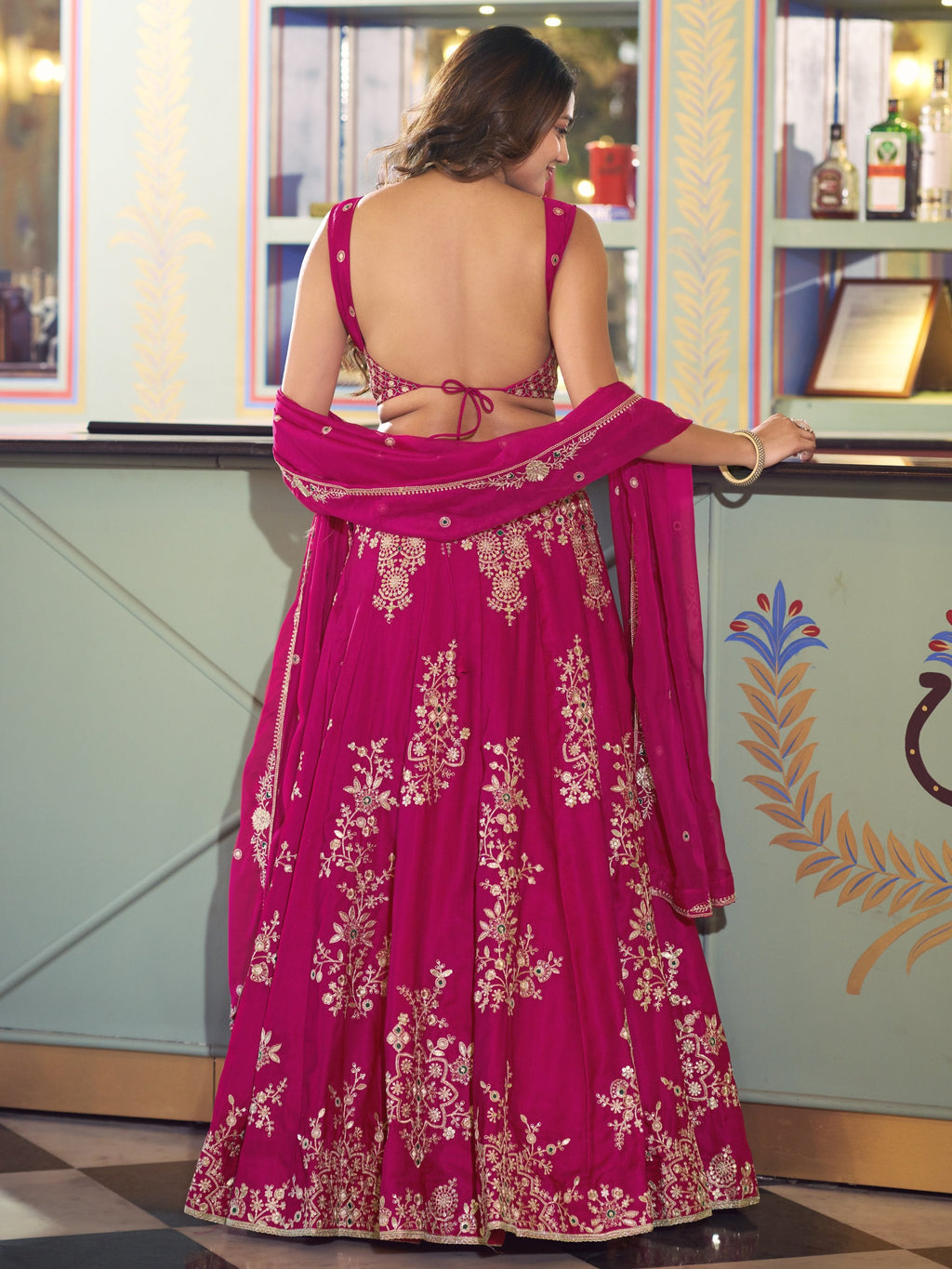 Stylish Hot Pink Thread Work Silk Engagement Wear Lehenga Choli