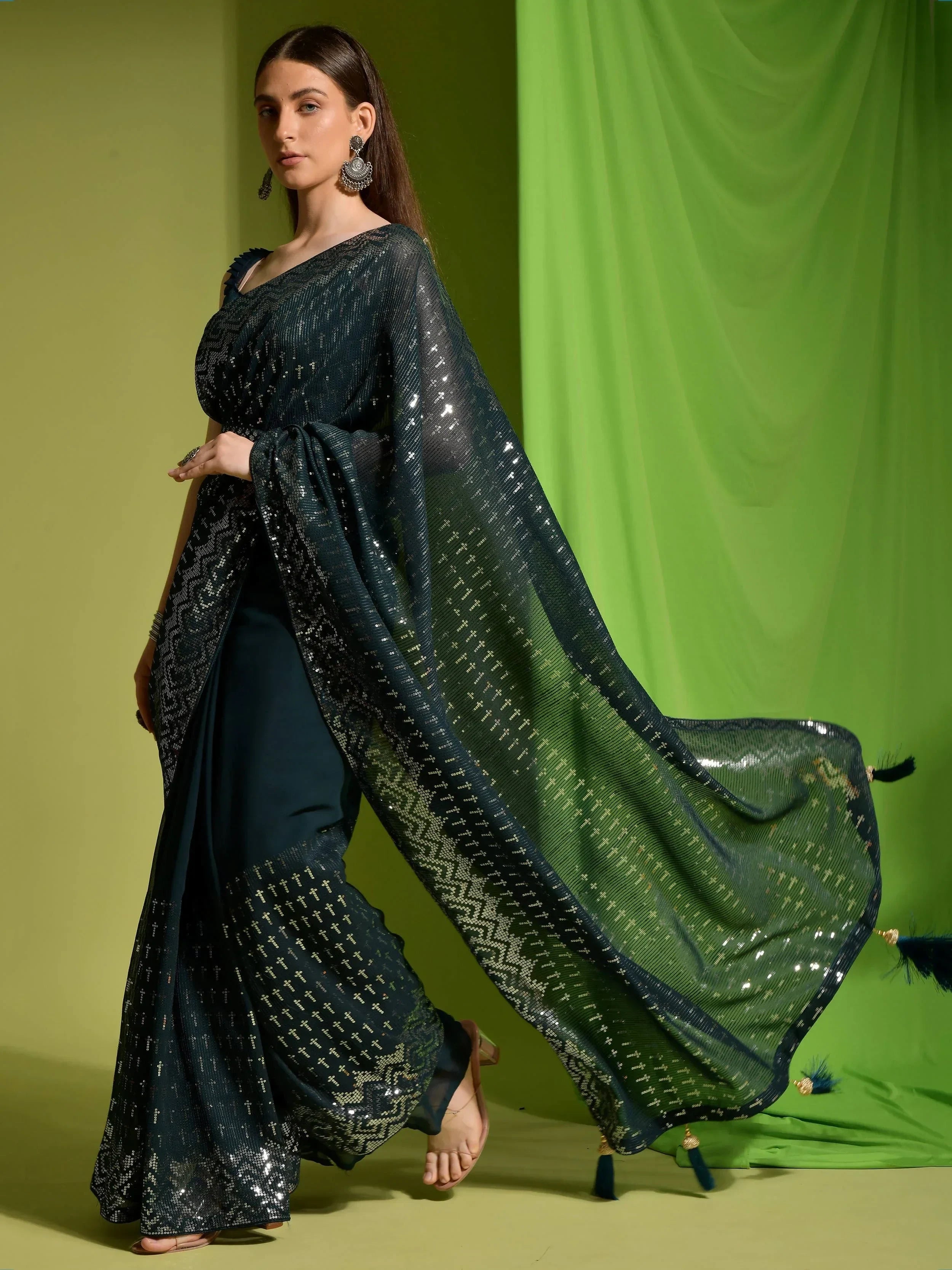Stunning Teal Blue Georgette Sequins Festive Wear Saree With Blouse