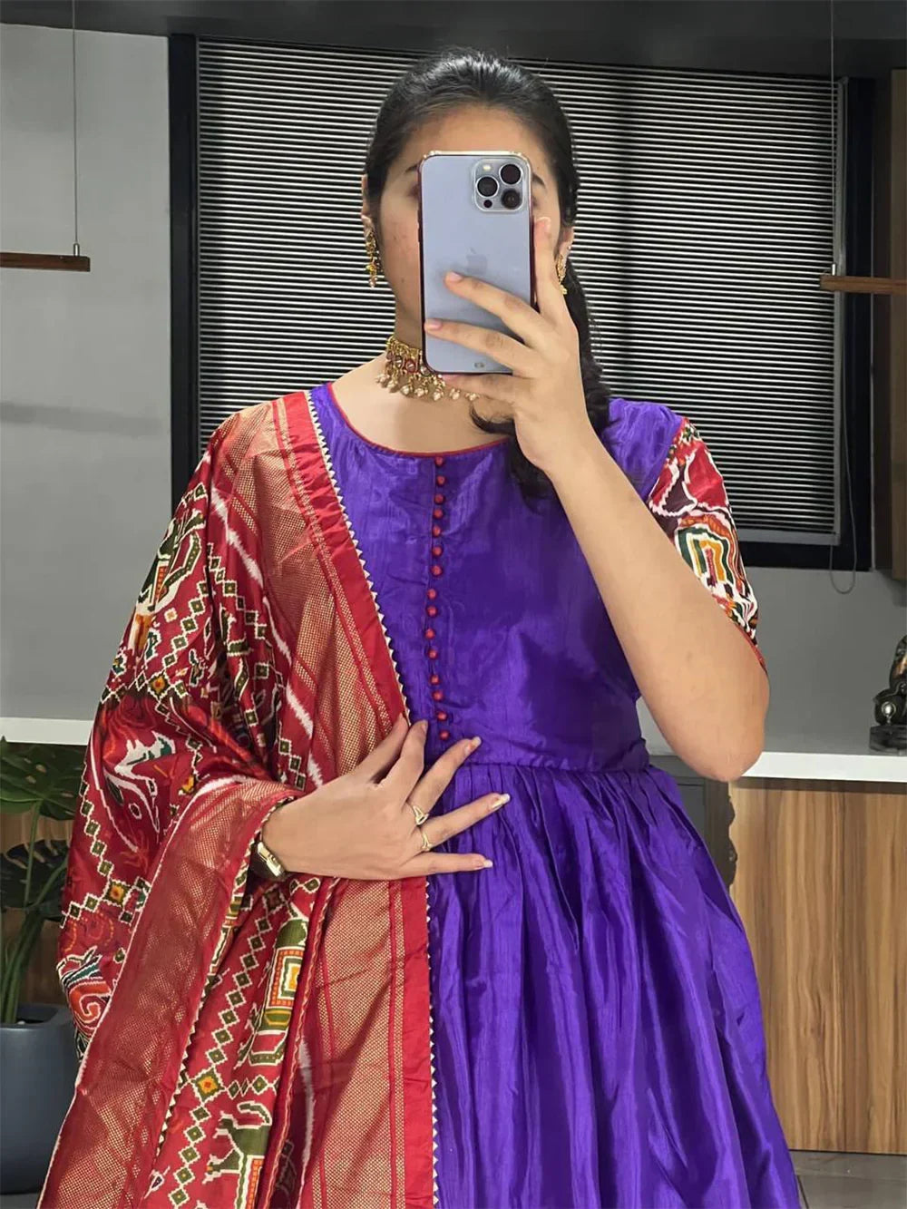 Enchanting Purple Patola Printed Dola Silk Traditional Gown With Dupatta