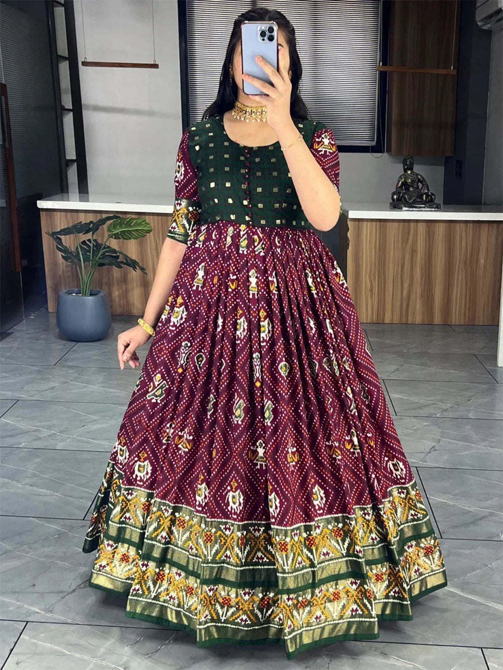 Wine Marvelous & Bandhani Printed Silk Function Wear Gown