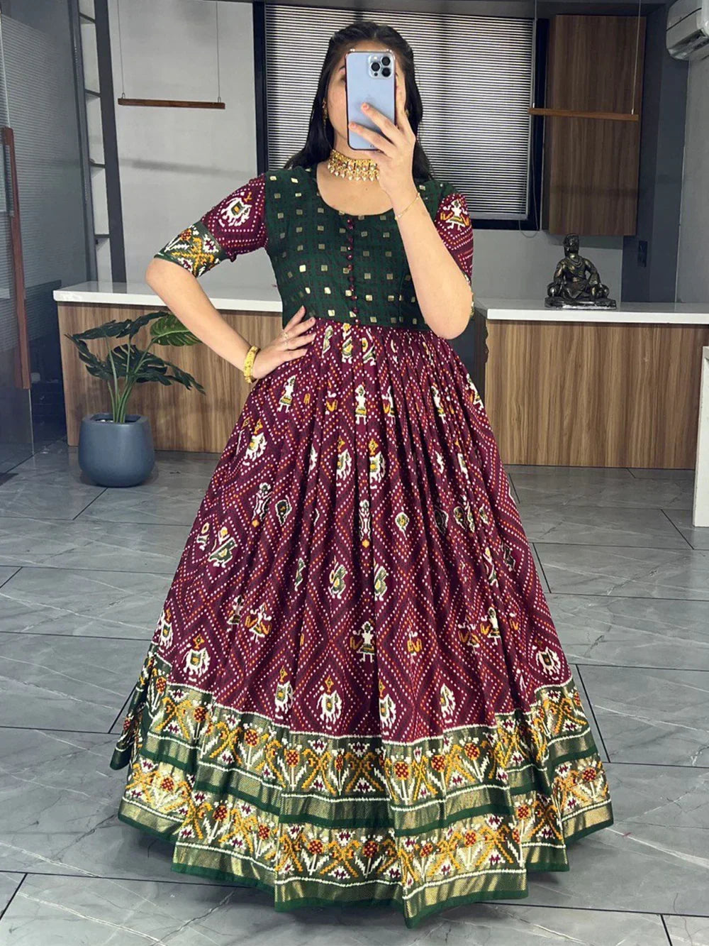 Wine Marvelous & Bandhani Printed Silk Function Wear Gown