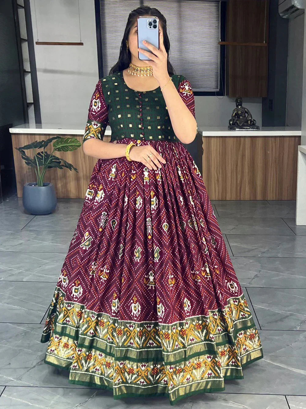 Wine Marvelous & Bandhani Printed Silk Function Wear Gown