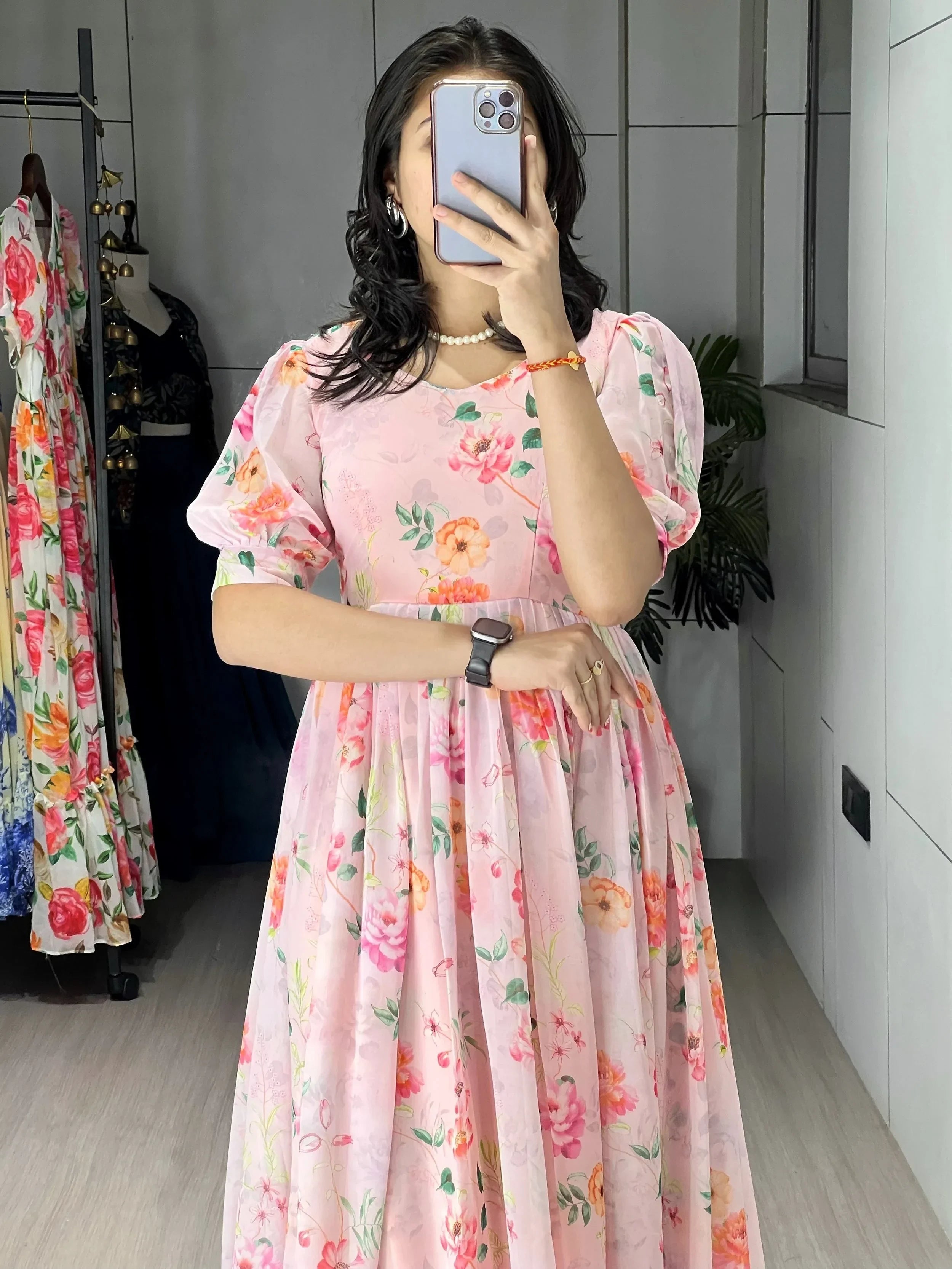 Beautiful White Floral Printed Georgette Casual Wear Dress