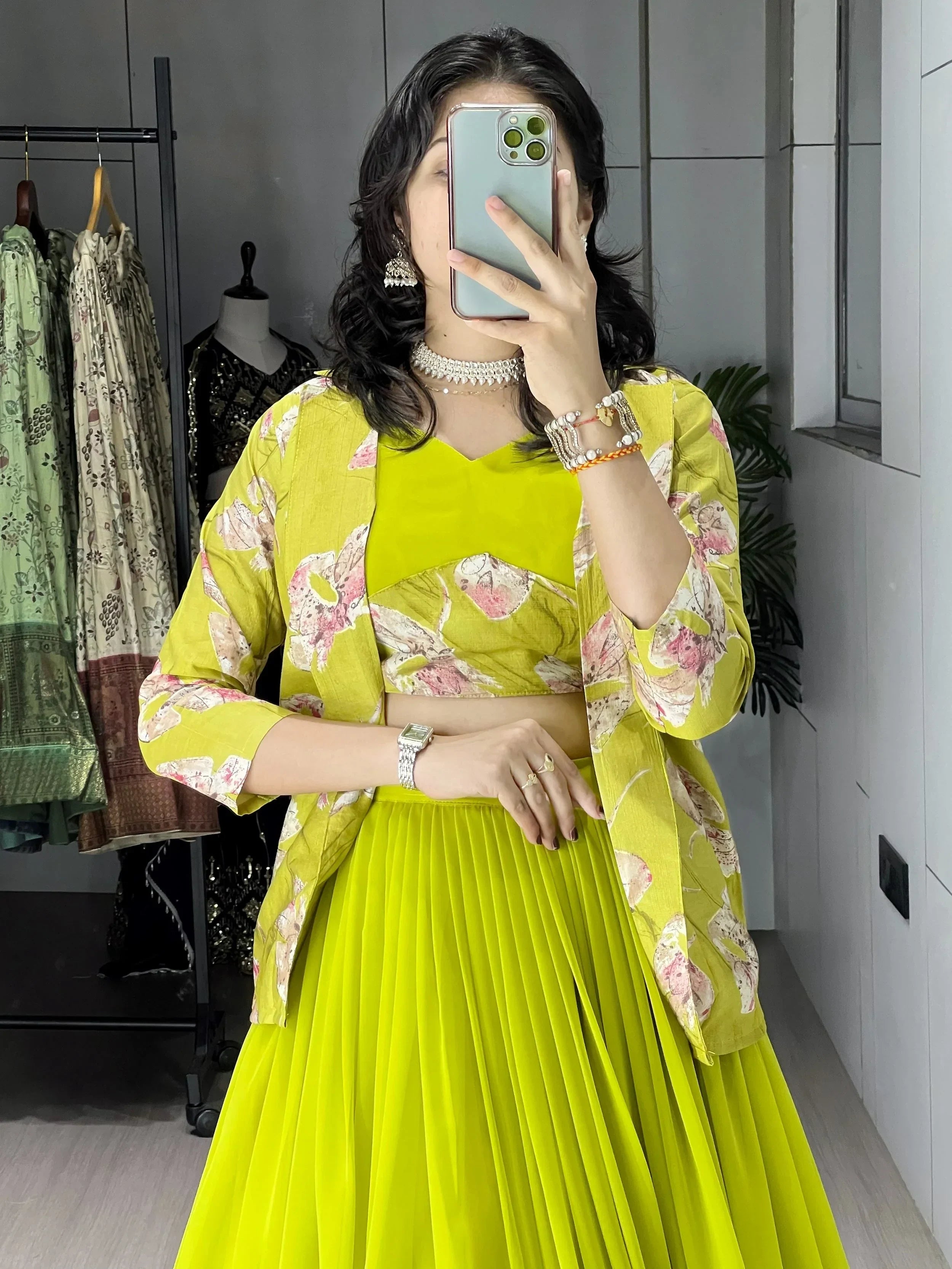Lovely Green Printed Georgette Festive Wear Lehenga Choli With Koti