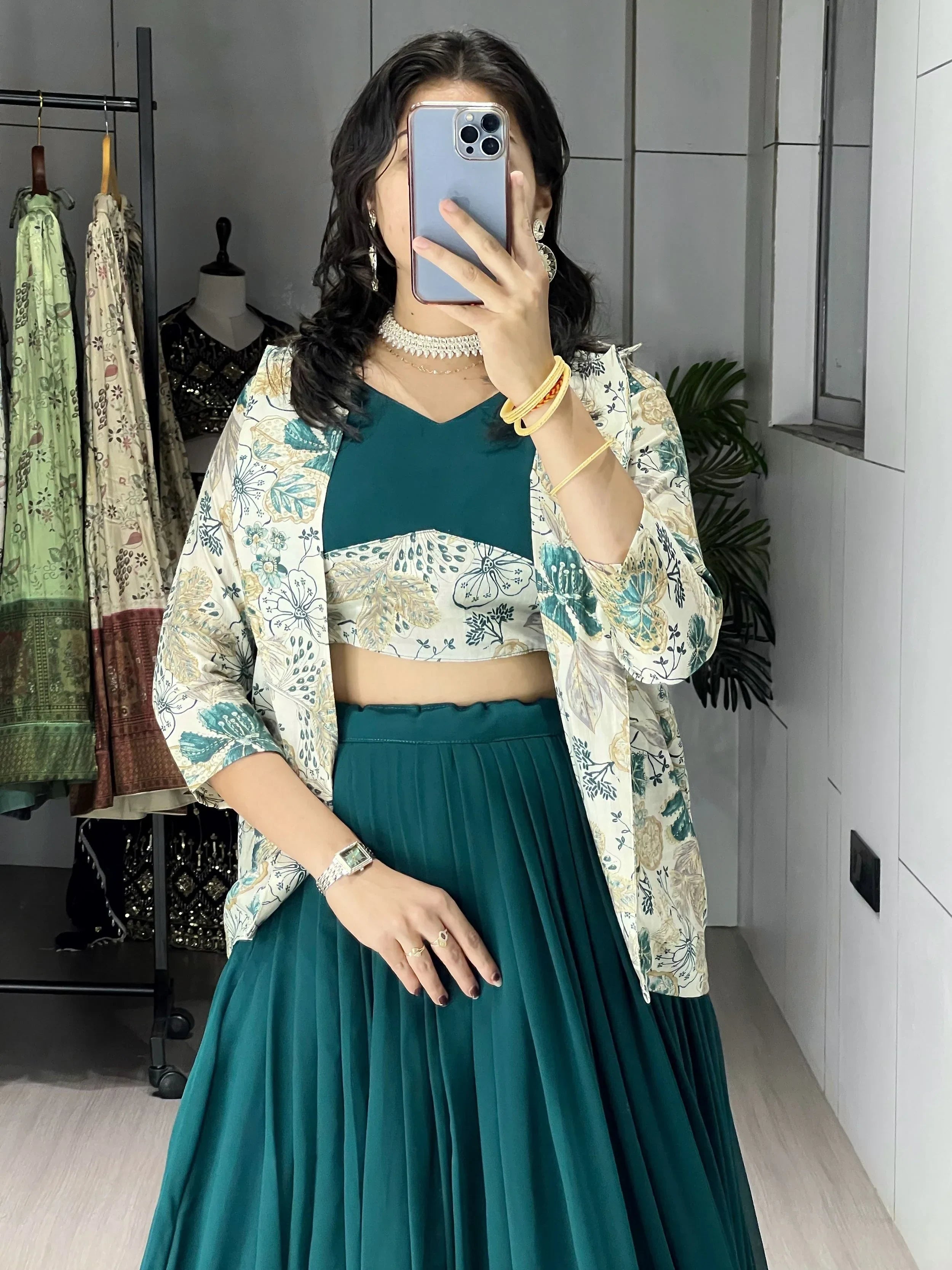 Green Stunning Printed Georgette Festive Wear Lehenga Choli With Koti