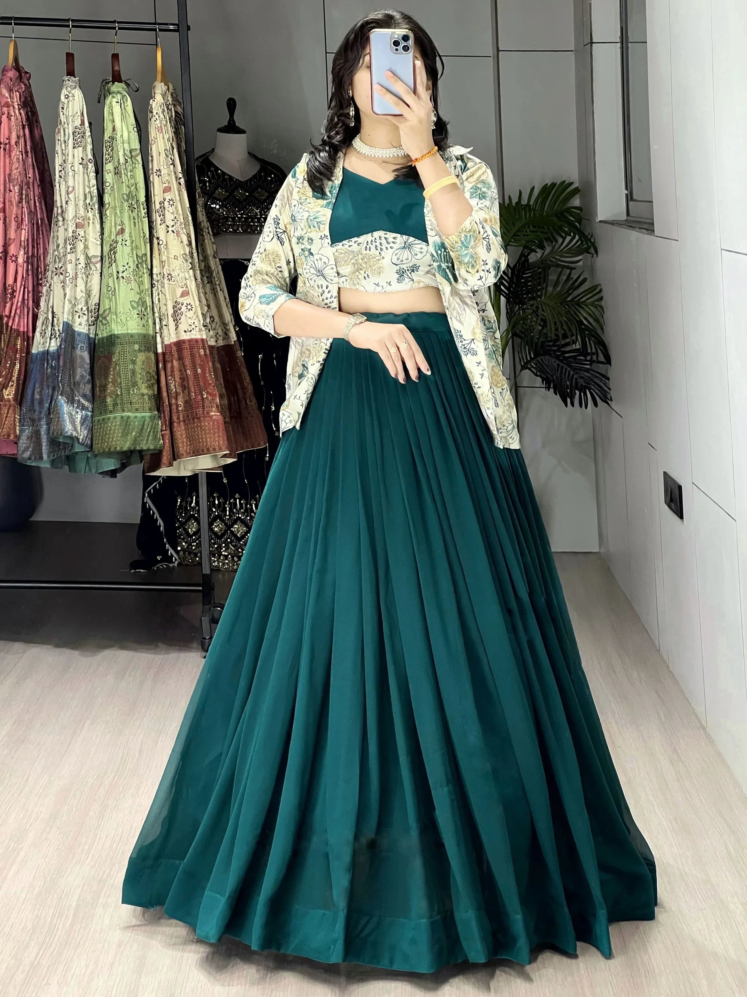 Green Stunning Printed Georgette Festive Wear Lehenga Choli With Koti