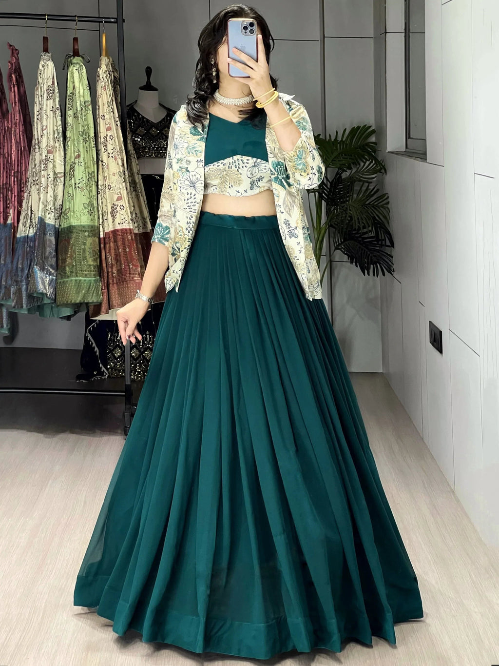 Green Stunning Printed Georgette Festive Wear Lehenga Choli With Koti