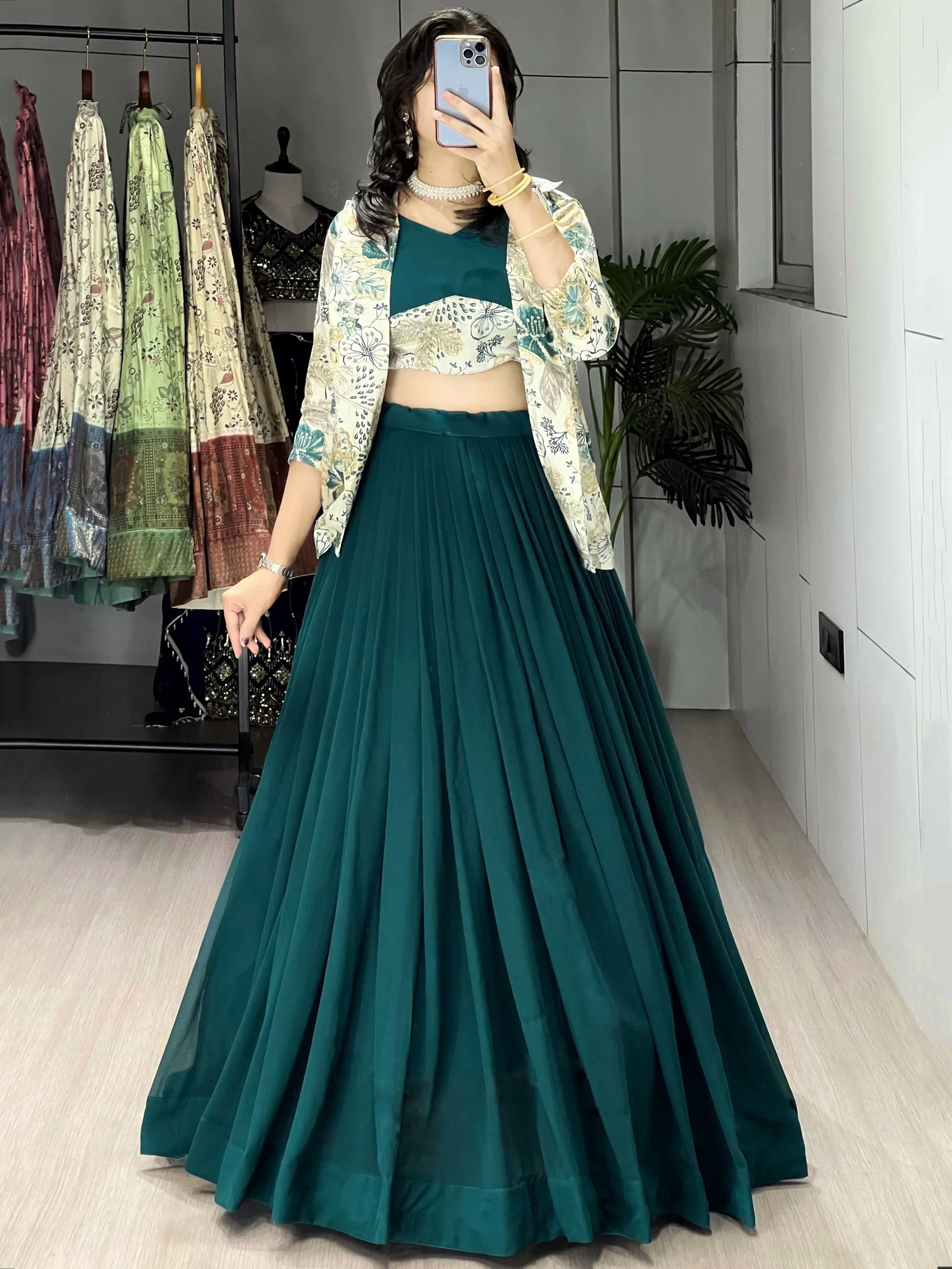 Green Stunning Printed Georgette Festive Wear Lehenga Choli With Koti