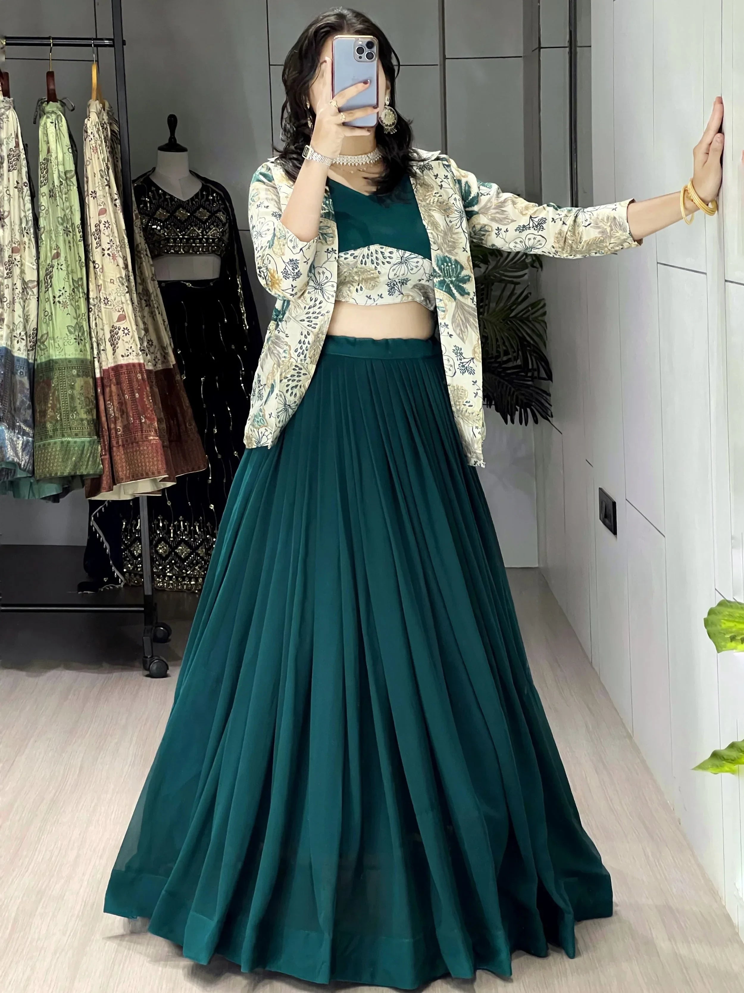 Green Stunning Printed Georgette Festive Wear Lehenga Choli With Koti