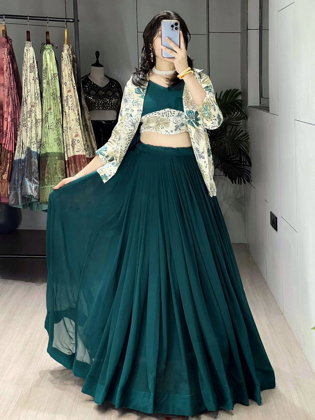 Green Stunning Printed Georgette Festive Wear Lehenga Choli With Koti