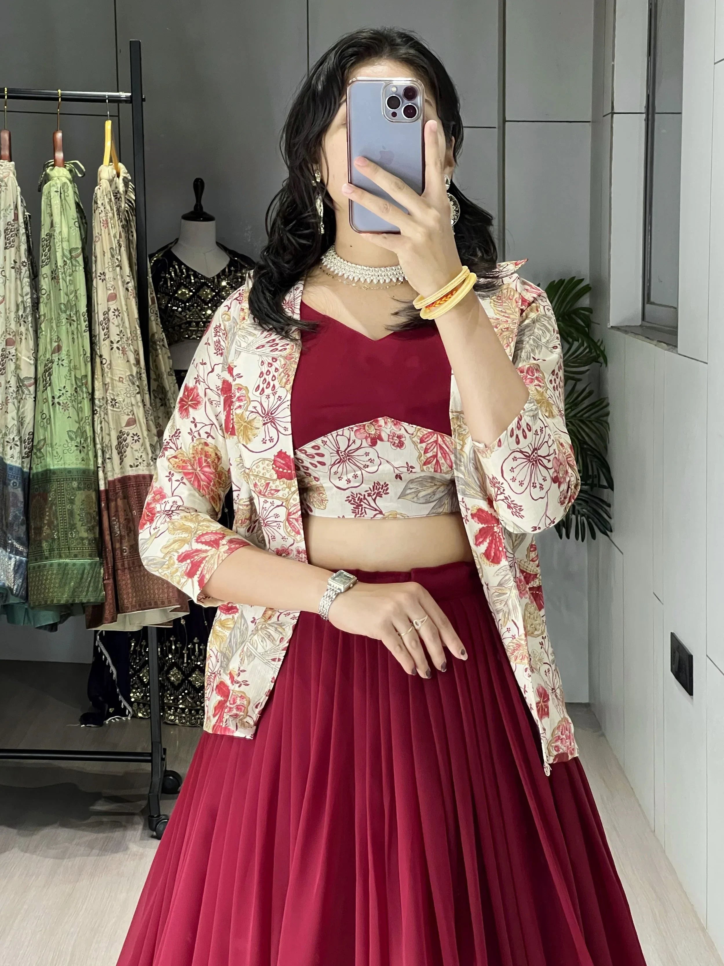 Maroon Stunning Printed Georgette Festive Wear Lehenga Choli With Koti