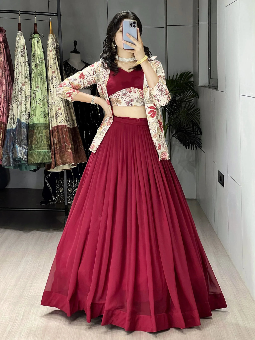 Maroon Stunning Printed Georgette Festive Wear Lehenga Choli With Koti