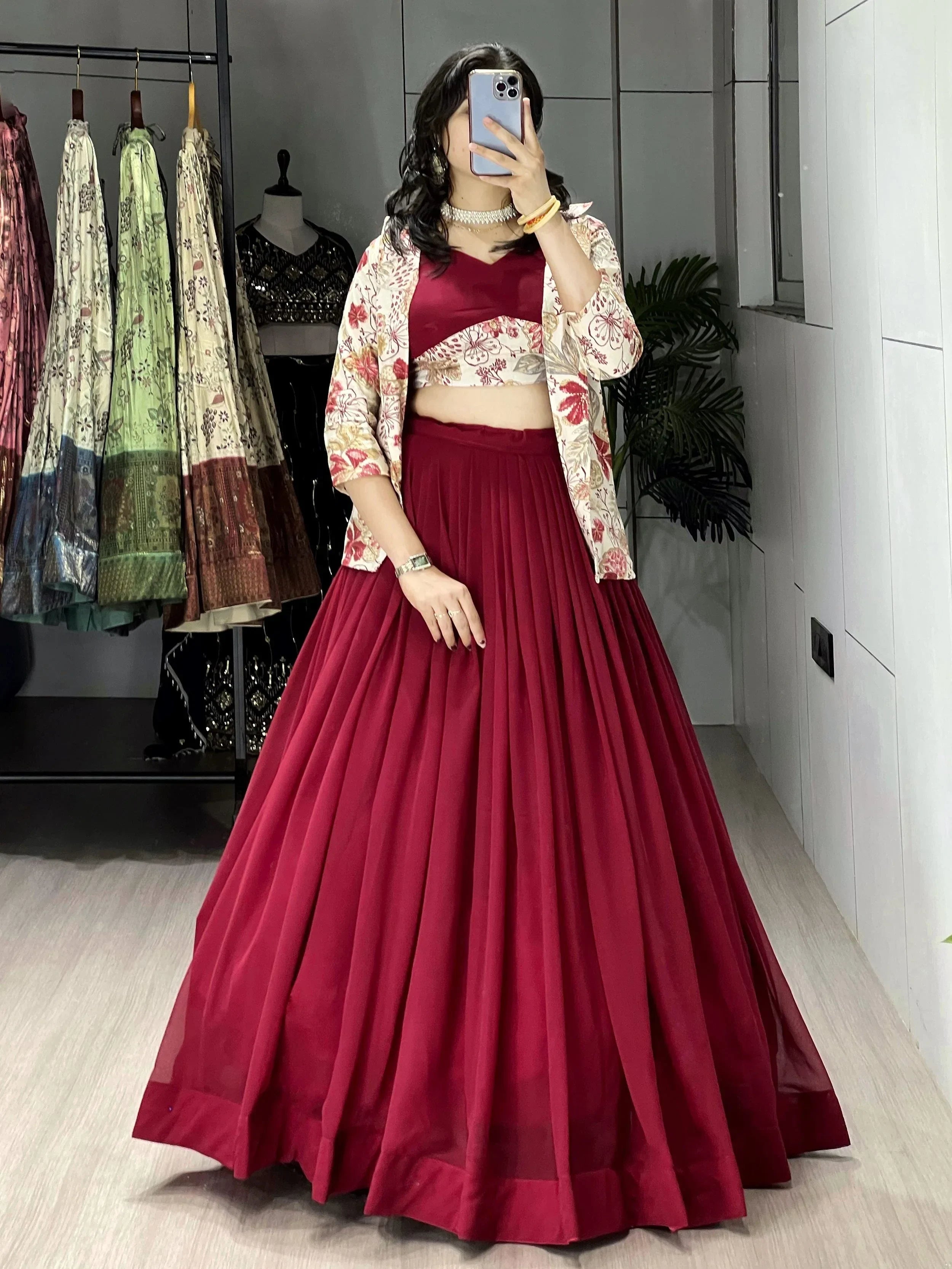 Maroon Stunning Printed Georgette Festive Wear Lehenga Choli With Koti