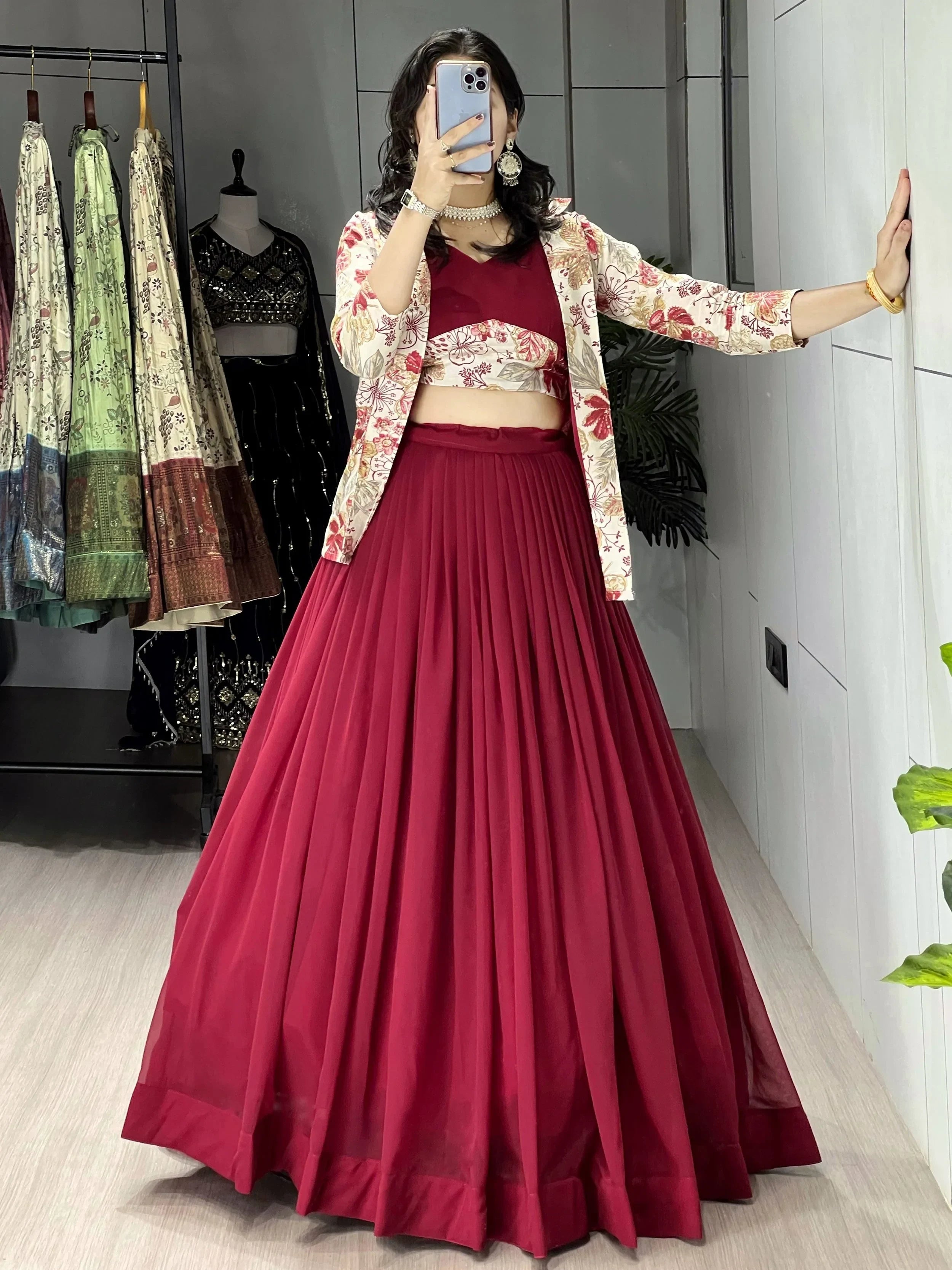 Maroon Stunning Printed Georgette Festive Wear Lehenga Choli With Koti