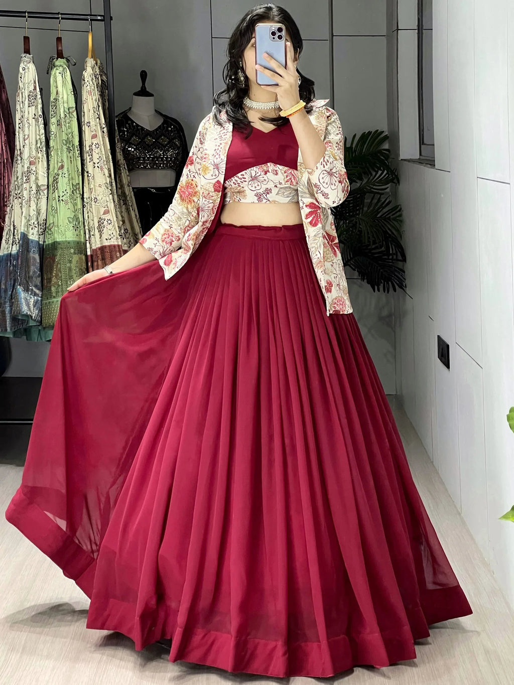 Maroon Stunning Printed Georgette Festive Wear Lehenga Choli With Koti