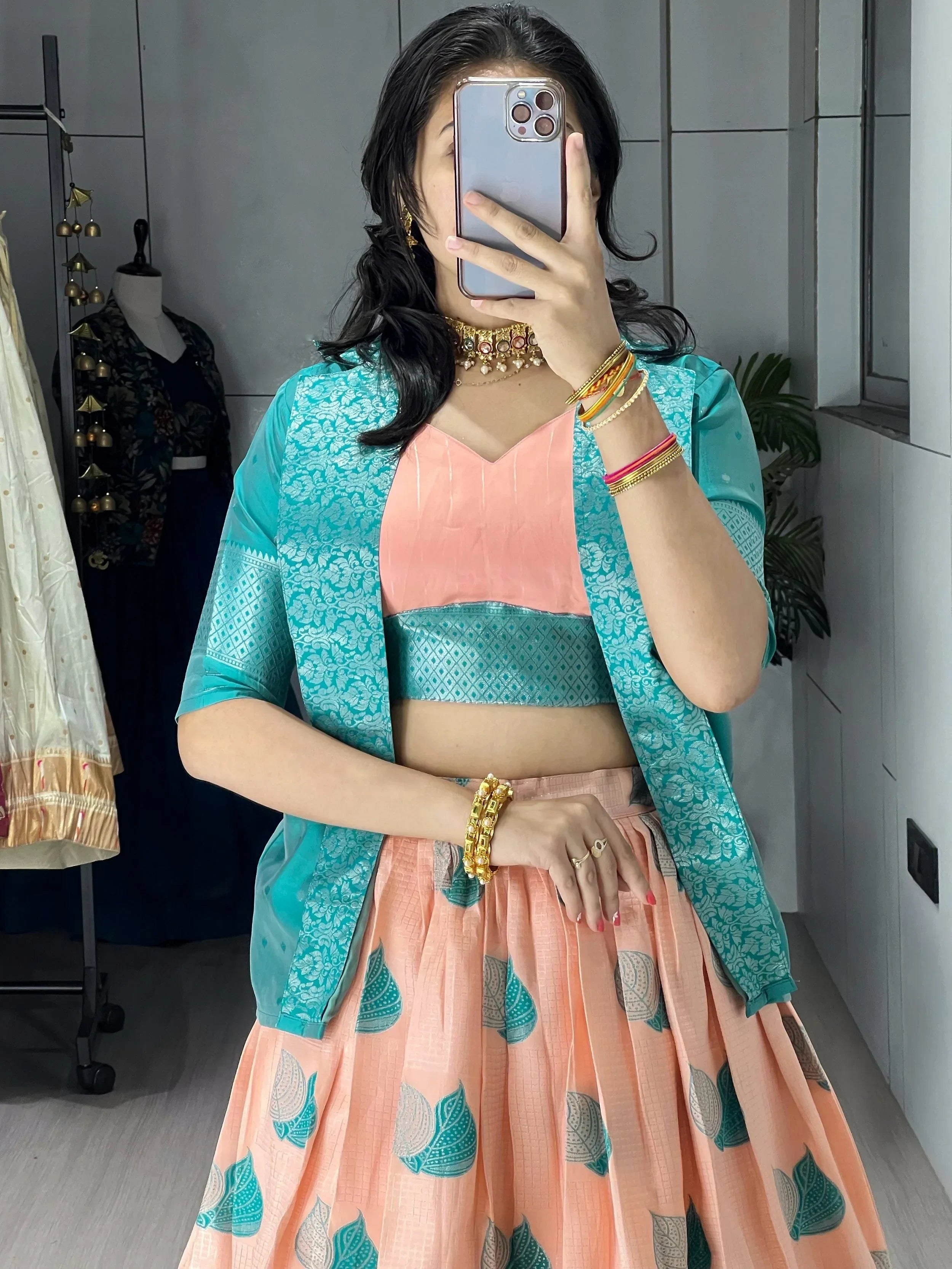 Peach Amazing Printed Silk Wedding Wear Lehenga Choli With Koti