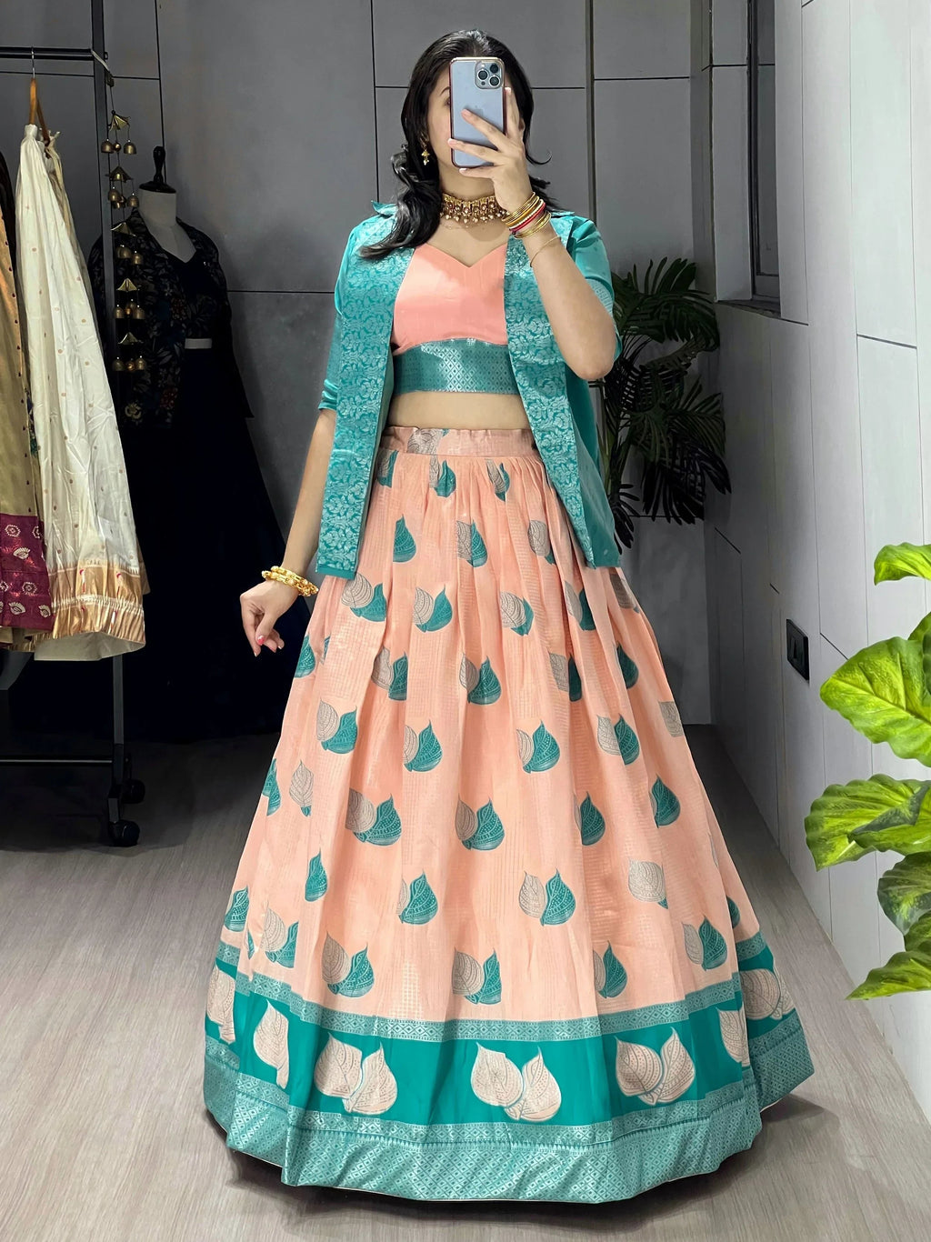 Peach Amazing Printed Silk Wedding Wear Lehenga Choli With Koti