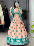 Peach Amazing Printed Silk Wedding Wear Lehenga Choli With Koti