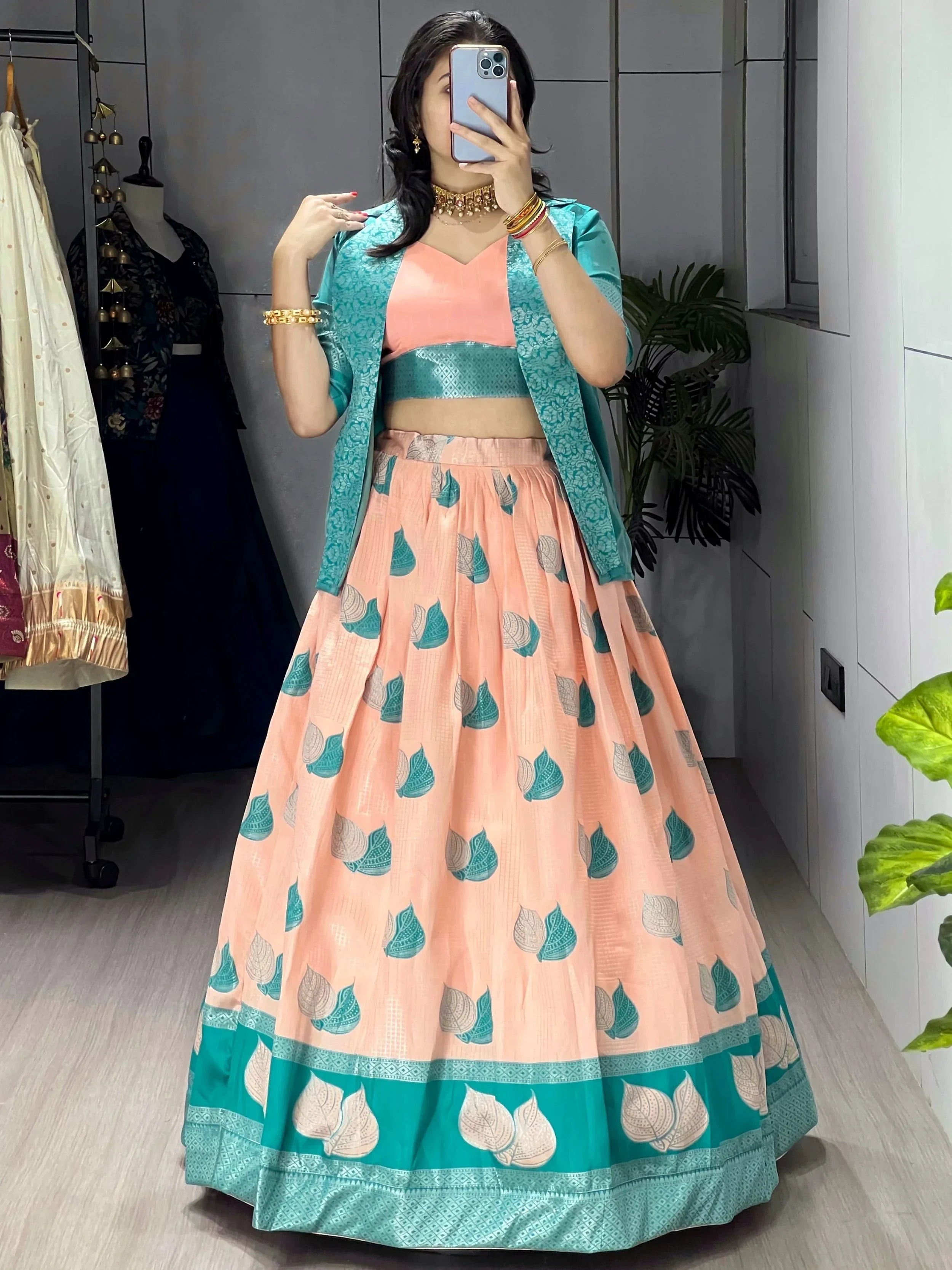 Peach Amazing Printed Silk Wedding Wear Lehenga Choli With Koti