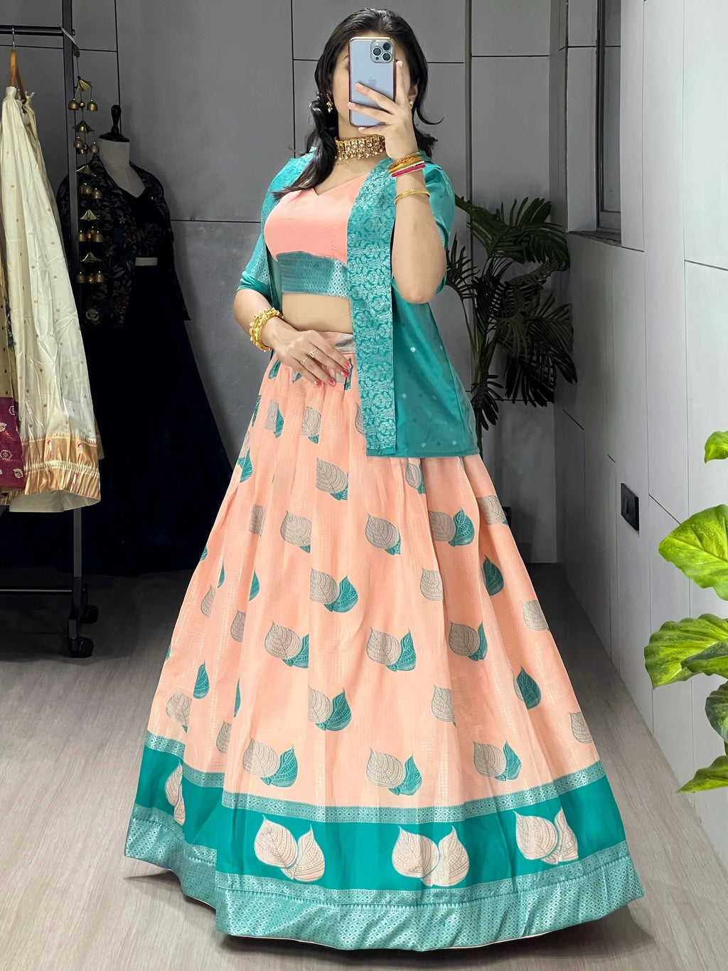Peach Amazing Printed Silk Wedding Wear Lehenga Choli With Koti