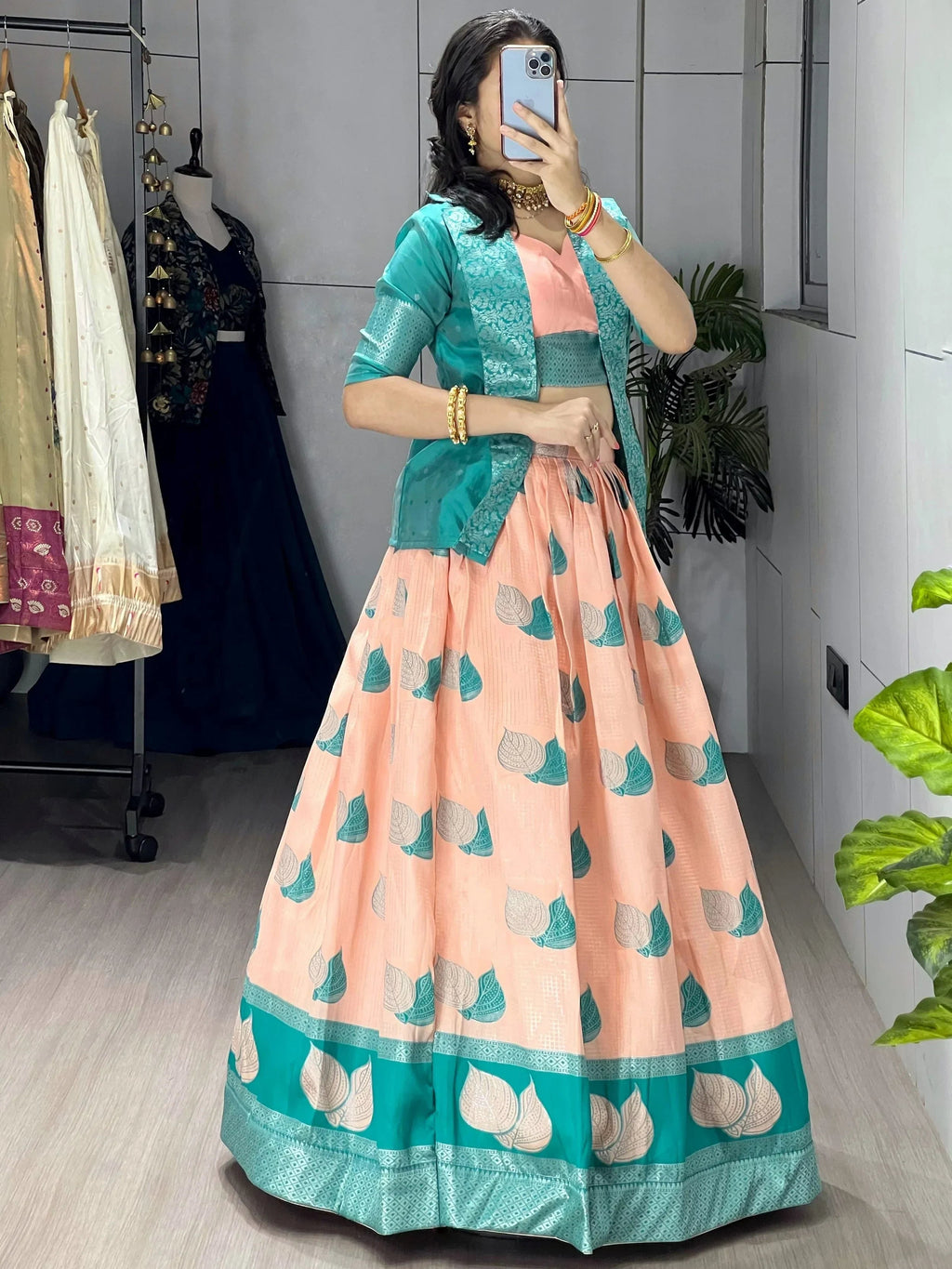 Peach Amazing Printed Silk Wedding Wear Lehenga Choli With Koti