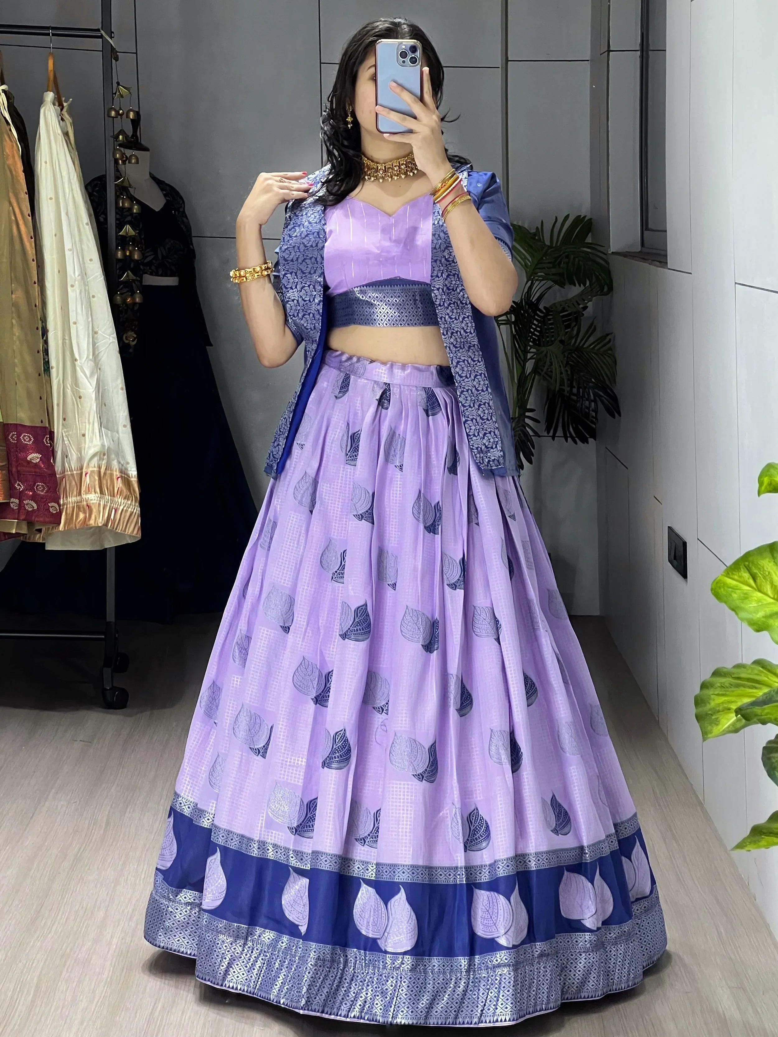 Purple Amazing Printed Silk Wedding Wear Lehenga Choli With Koti