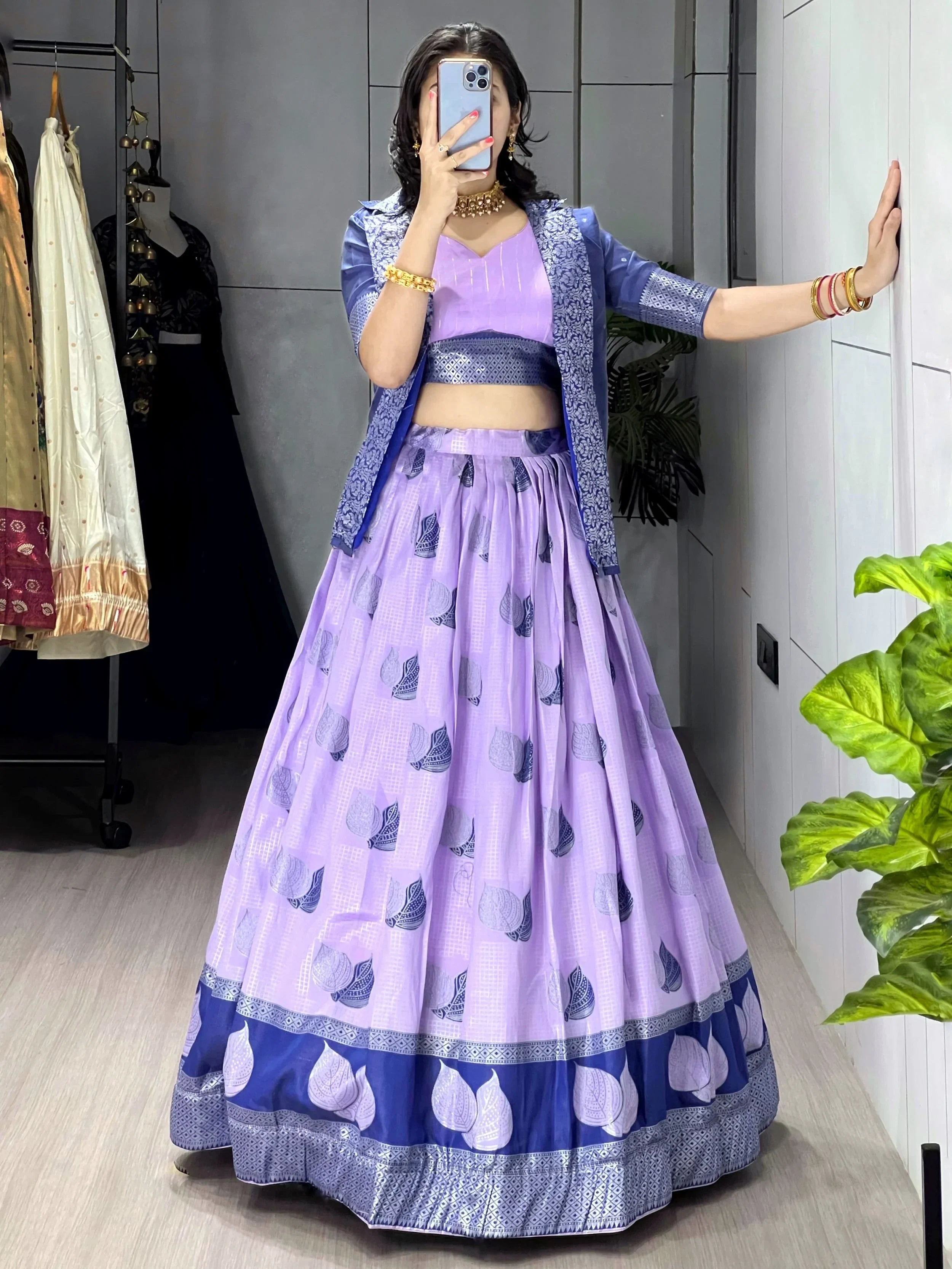 Purple Amazing Printed Silk Wedding Wear Lehenga Choli With Koti