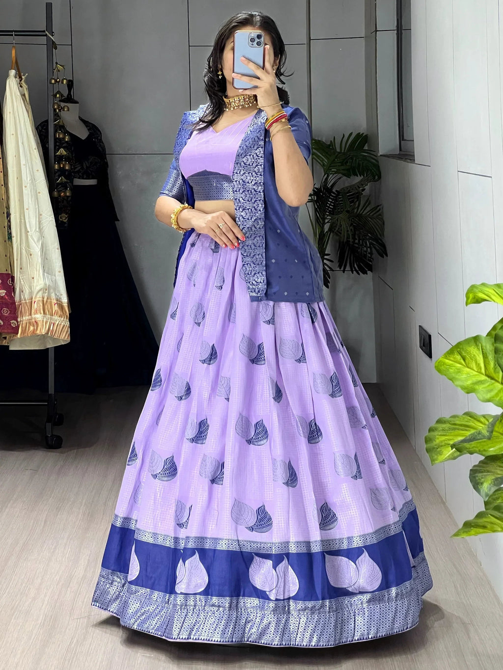 Purple Amazing Printed Silk Wedding Wear Lehenga Choli With Koti