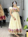 Charming Off-White Embroidered Cotton Casual Wear Dress