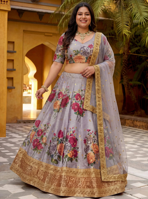 Adorable Grey Embroidered Silk Festival Wear Plus Size Lehenga Choli