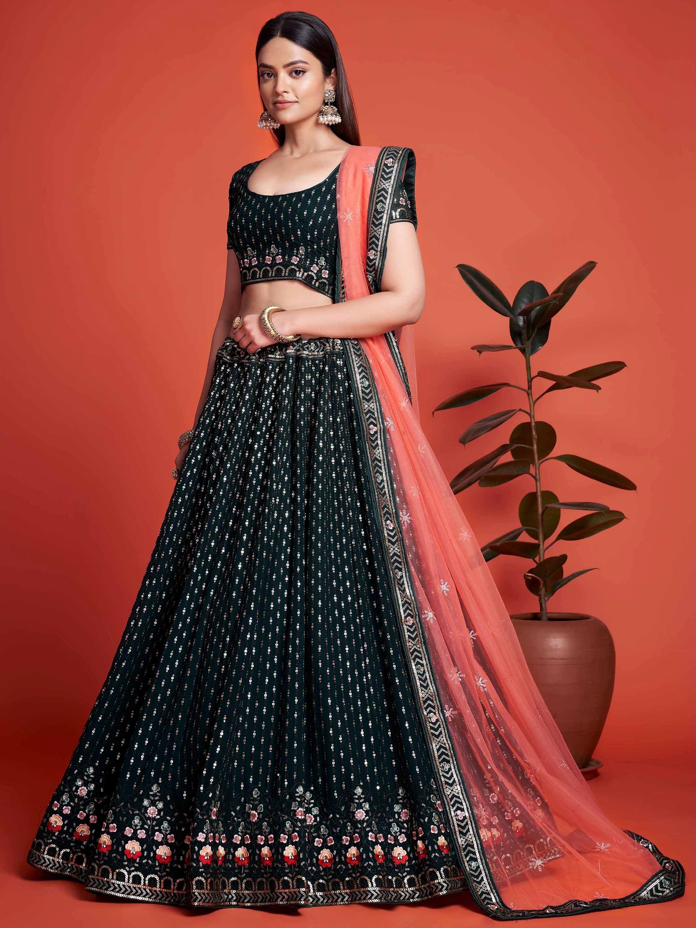 Green Wondrous Sequined Georgette Bridesmaid Lehenga Choli
