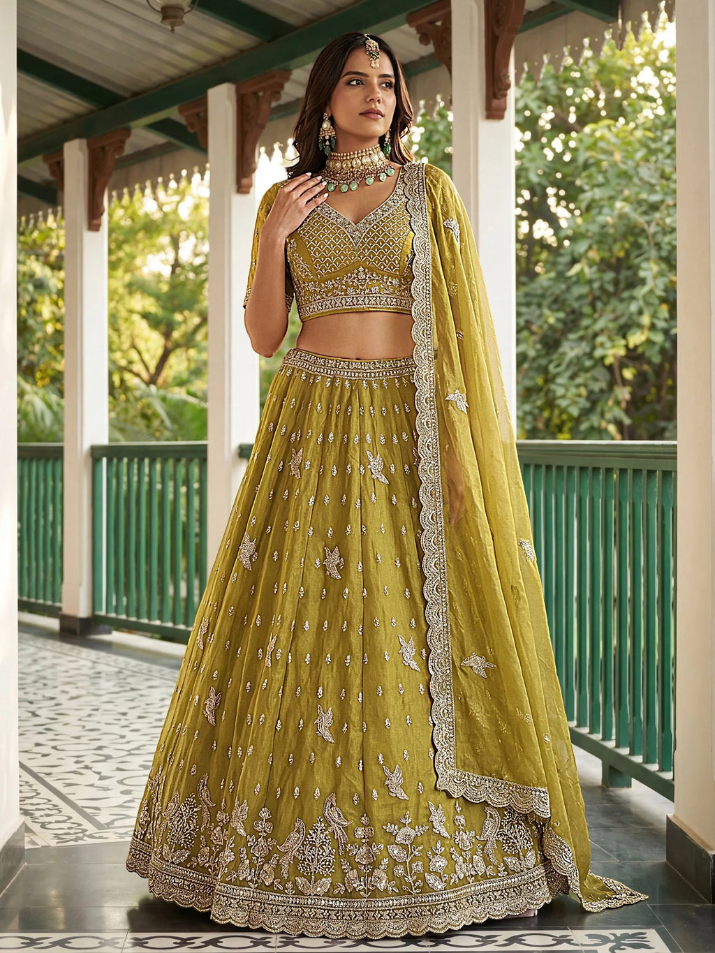 Olive Rich Diamond Work Organza Mehendi Wear Lehenga Choli
