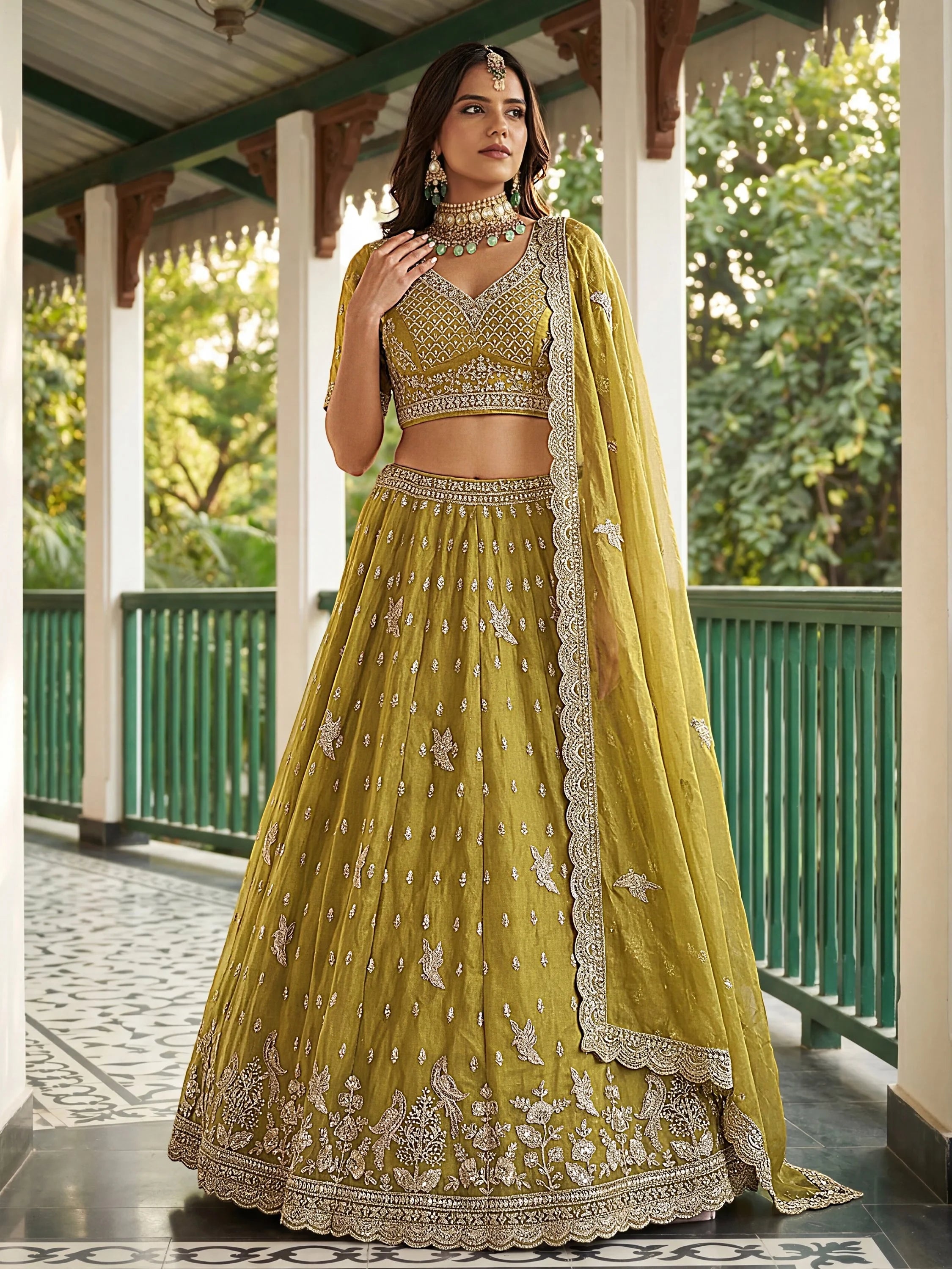 Olive Rich Diamond Work Organza Mehendi Wear Lehenga Choli