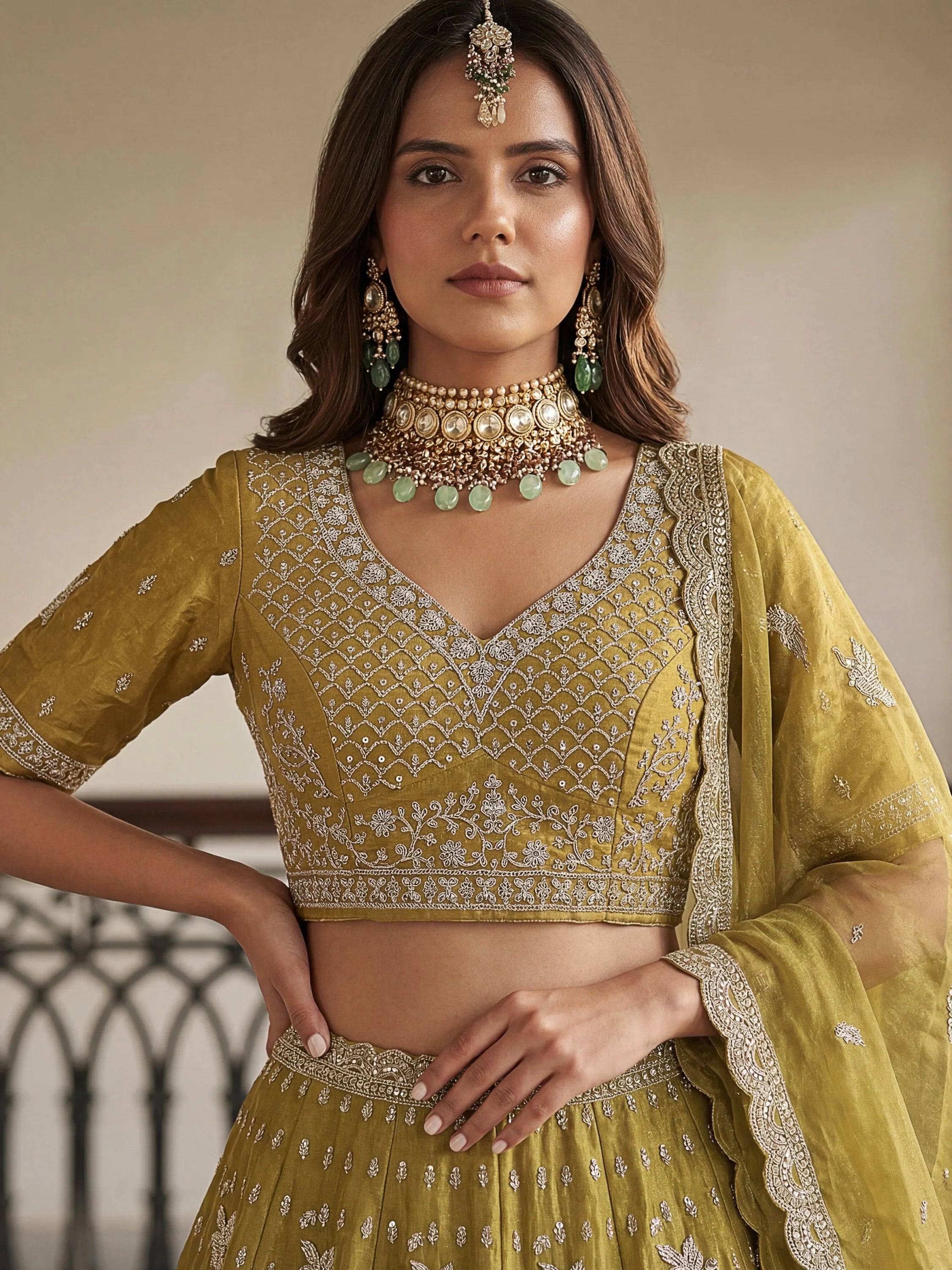 Olive Rich Diamond Work Organza Mehendi Wear Lehenga Choli