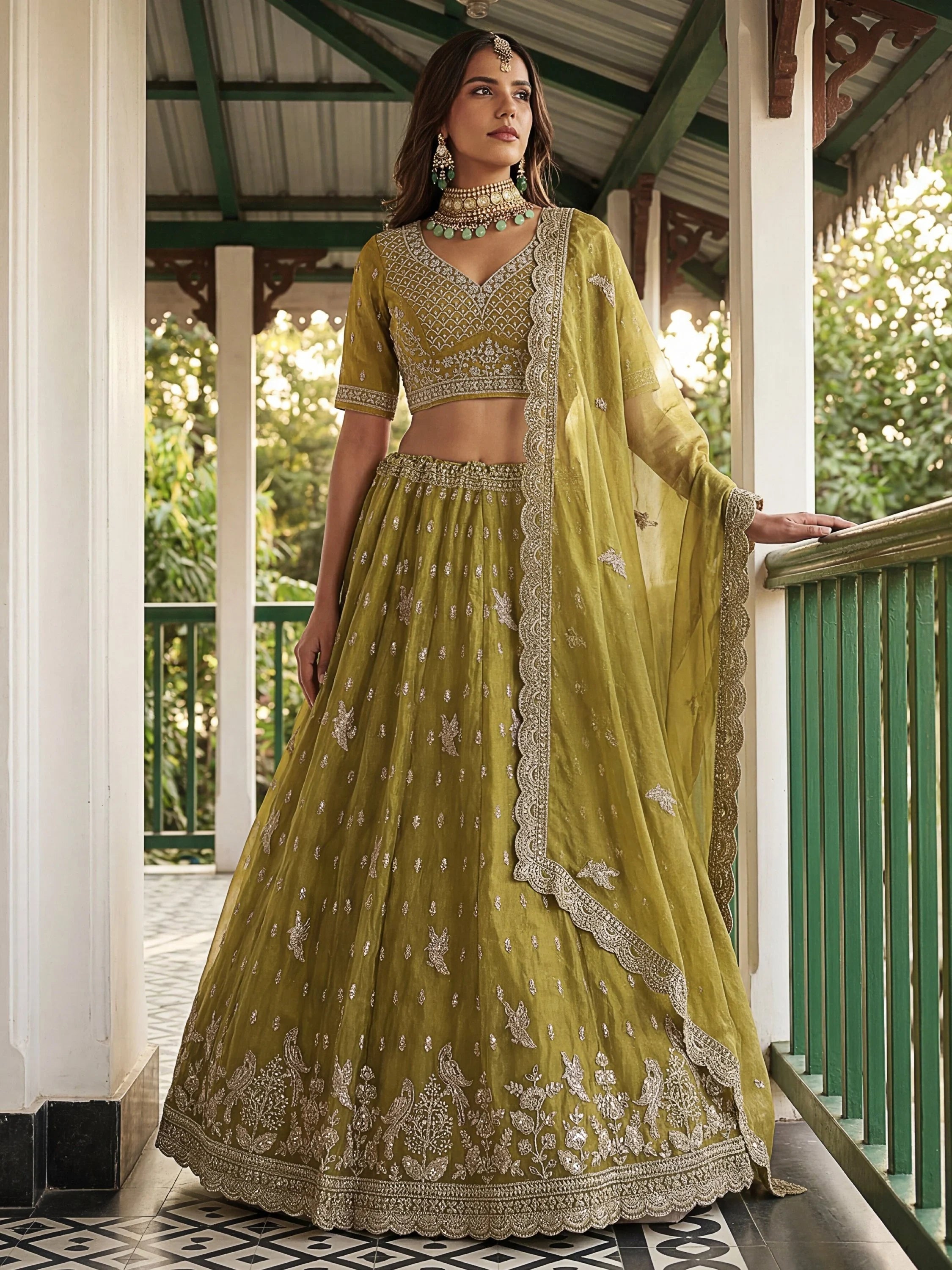 Olive Rich Diamond Work Organza Mehendi Wear Lehenga Choli
