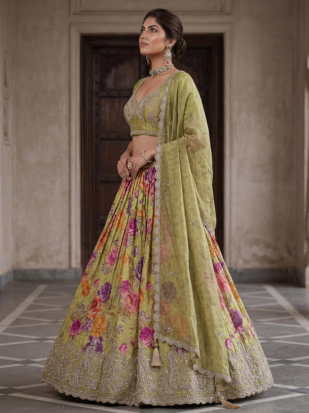 Green Ravishing Tissue Bead Work Bridesmaid Lehenga Choli With Dupatta