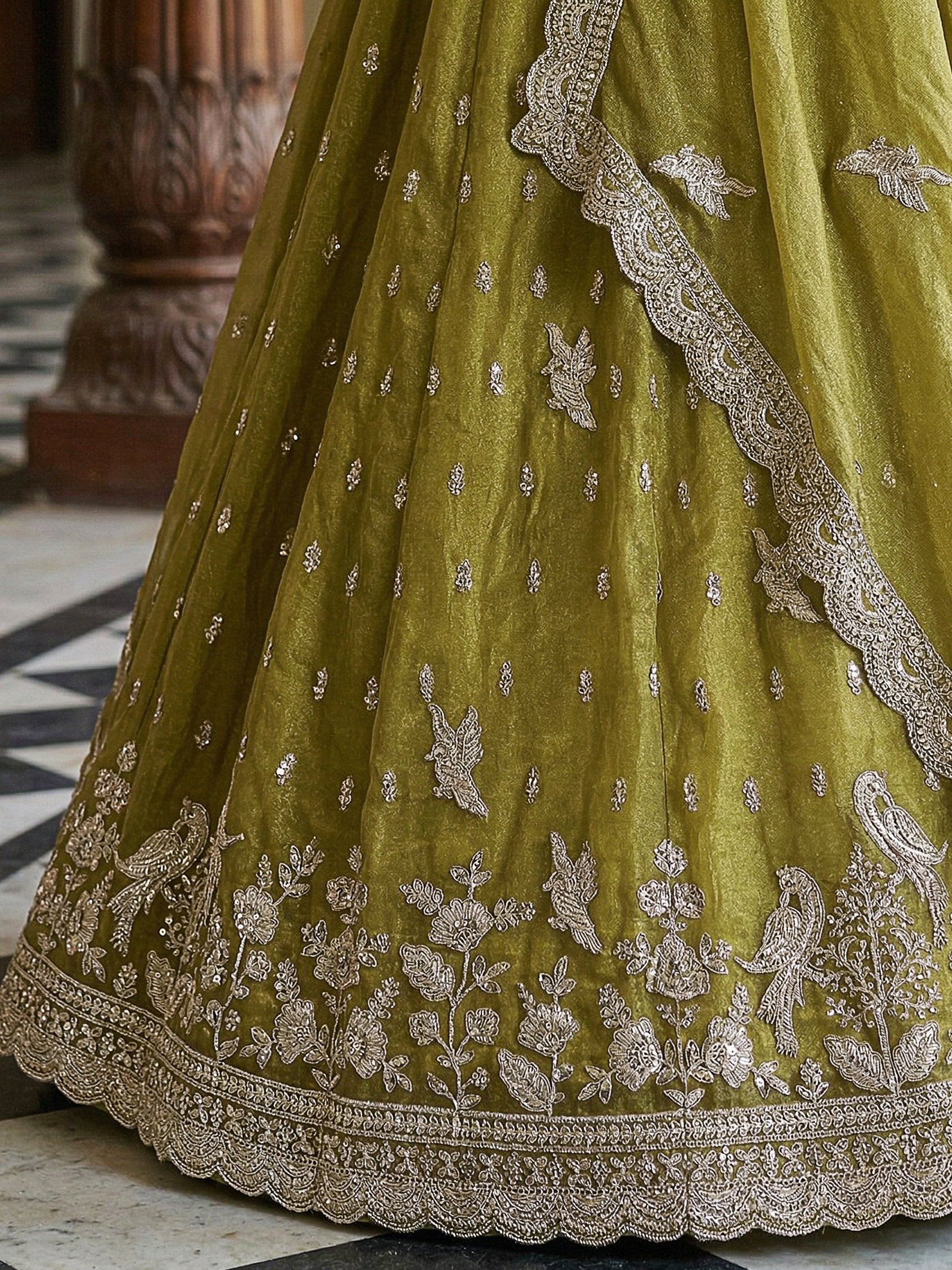 Olive Rich Diamond Work Organza Mehendi Wear Lehenga Choli