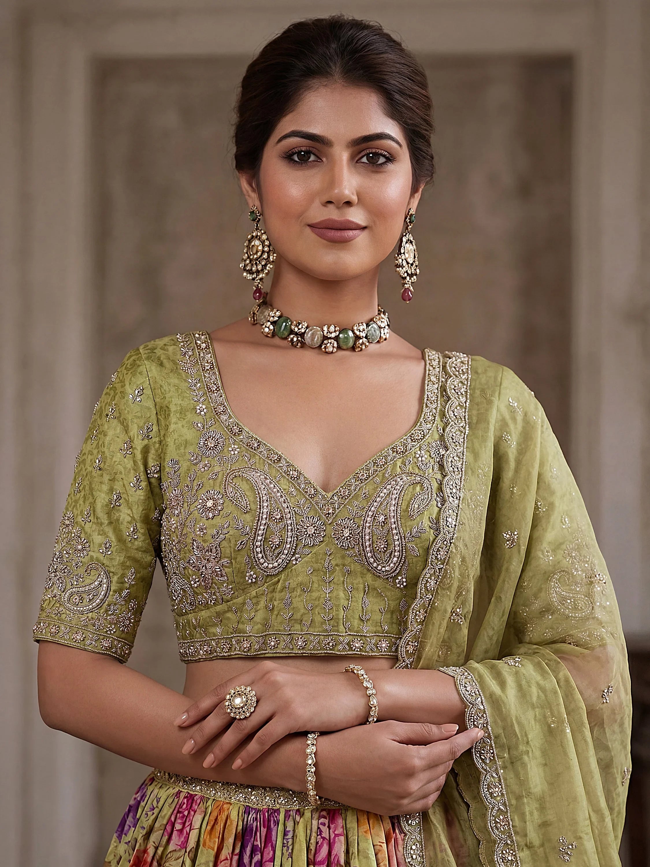 Green Ravishing Tissue Bead Work Bridesmaid Lehenga Choli With Dupatta