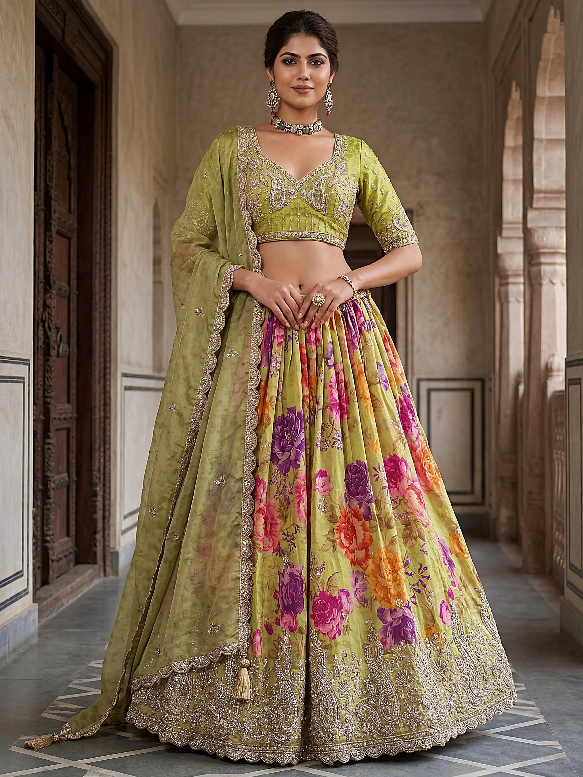 Green Ravishing Tissue Bead Work Bridesmaid Lehenga Choli With Dupatta