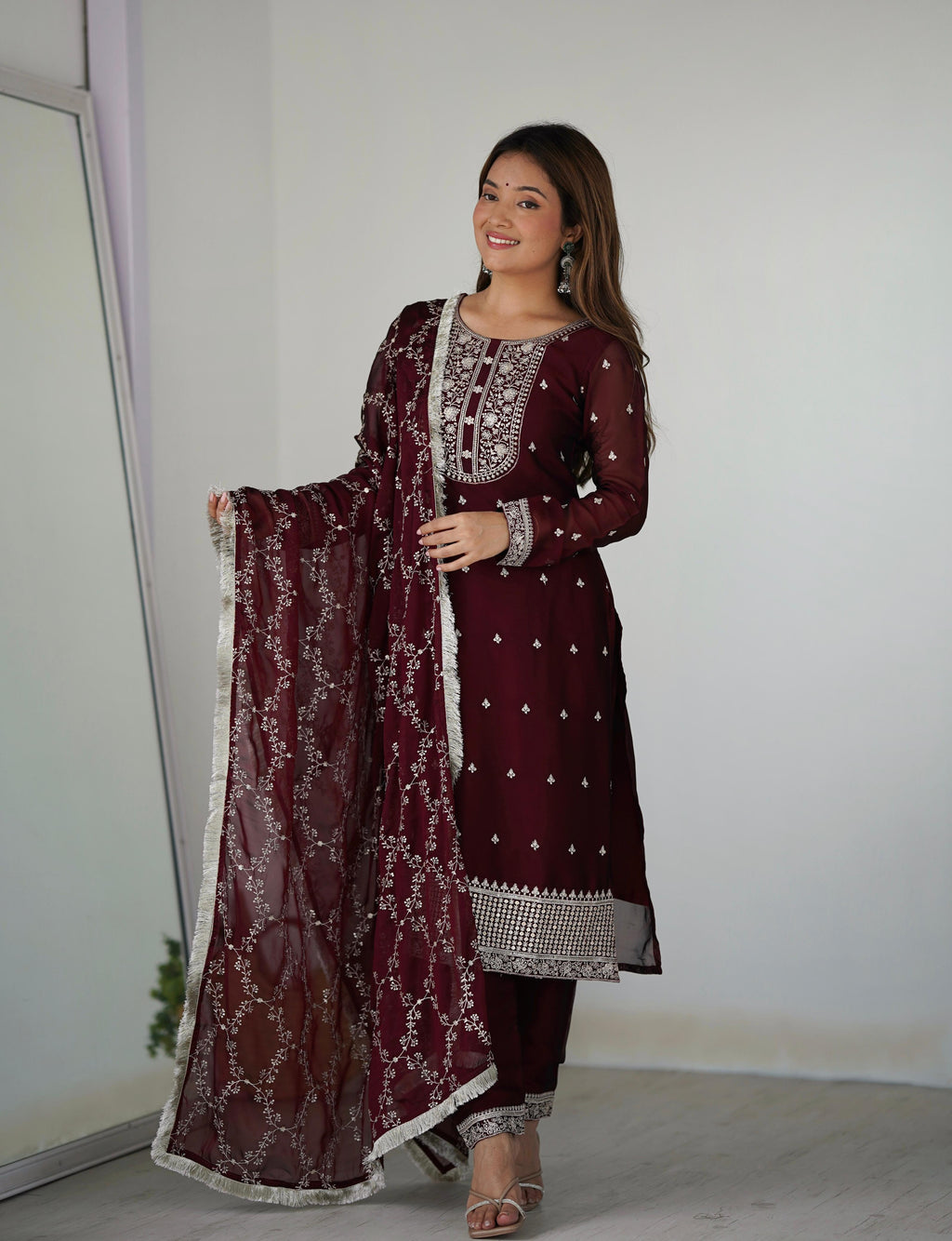 Maroon Pure Rangoli Silk Kurta Suit Set with Dupatta and Pant for Festive Occasions