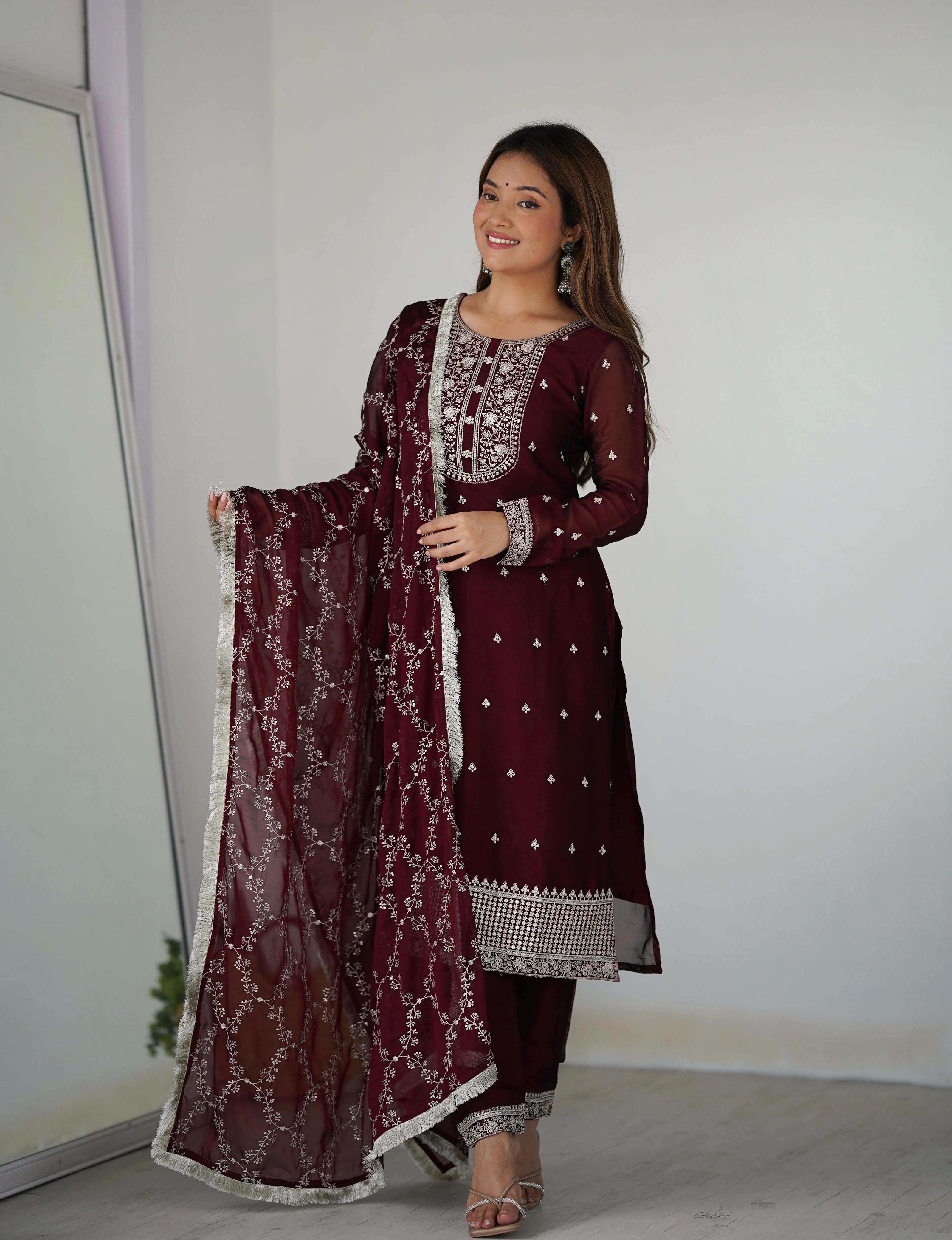 Maroon Pure Rangoli Silk Kurta Suit Set with Dupatta and Pant for Festive Occasions
