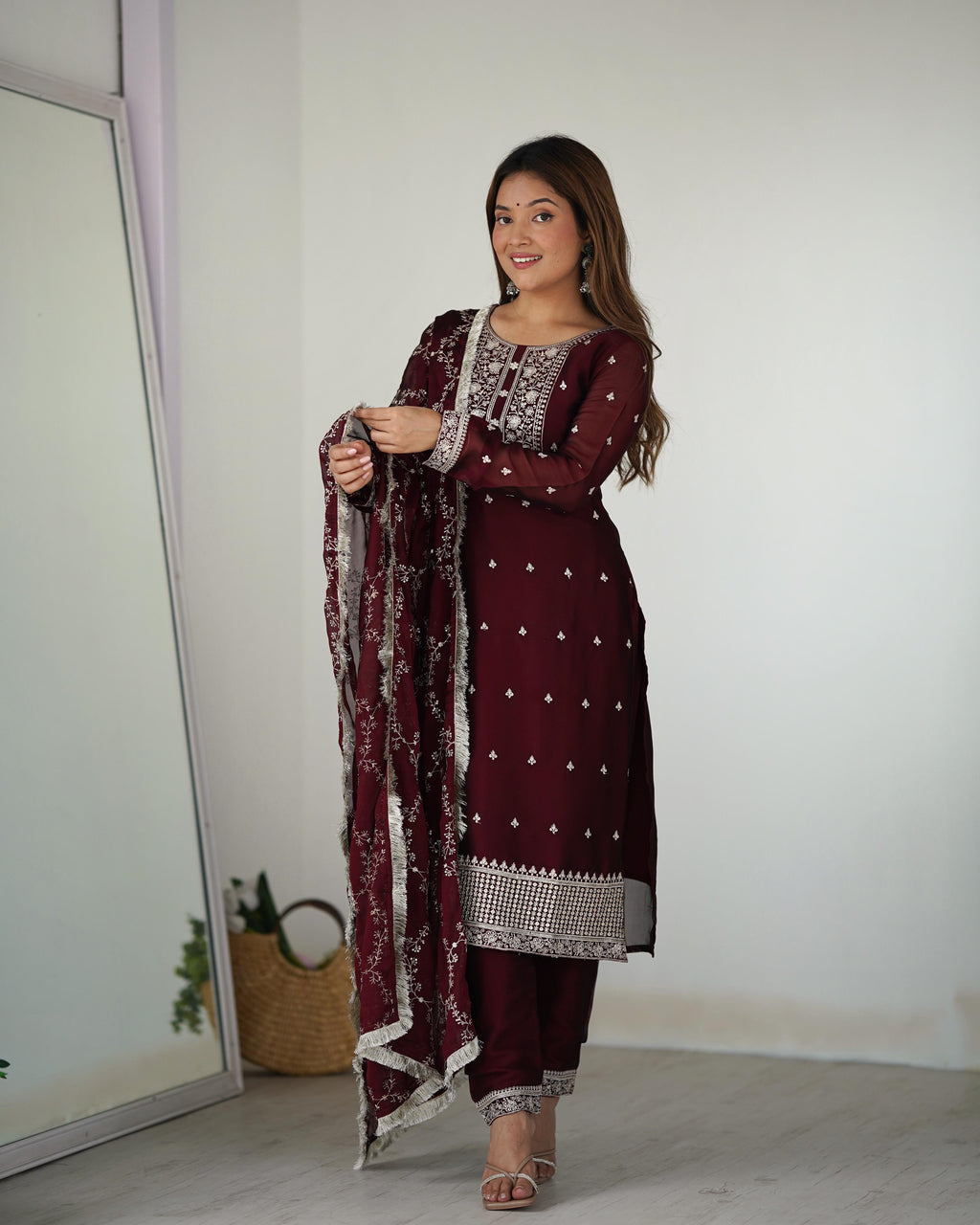 Maroon Pure Rangoli Silk Kurta Suit Set with Dupatta and Pant for Festive Occasions